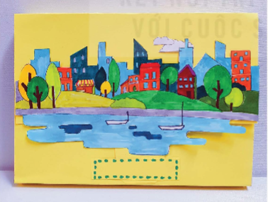 A yellow card with a drawing of a city and trees

Description automatically generated