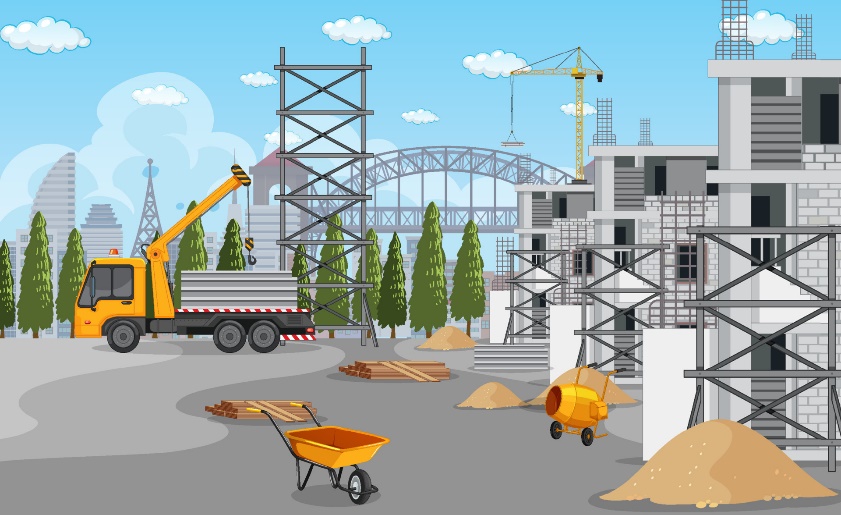 Cartoon scene of building construction site 7474242 Vector Art at Vecteezy