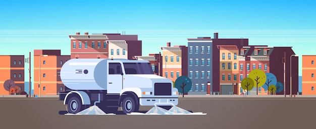 Premium Vector | Street sweeper truck washing asphalt with water industrial  vehicle