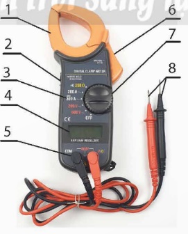 A close-up of a digital clamp meter

Description automatically generated