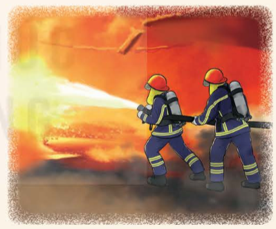 A firemen spraying a fire

Description automatically generated