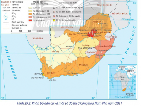 Dựa vào bảng 29.1, hình 29.2 và thông tin trong bài, hãy:  - Nhận xét quy mô, tỉ lệ gia tăng dân số và phân bố dân cư ở Cộng hòa Nam Phi.  - Phân tích tác động của đặc điểm dân cư đến sự phát triển kinh tế- xã hội ở Công hòa Nam Phi.