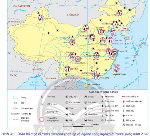 Dựa vào hình 26.1, bảng 26.3 và thông tin trong bài, hãy:  - Cho biết tình hình phát triển của ngành công nghiệp Trung Quốc.  - Nhận xét đặc điểm phân bố các trung tâm công nghiệp của Trung Quốc.