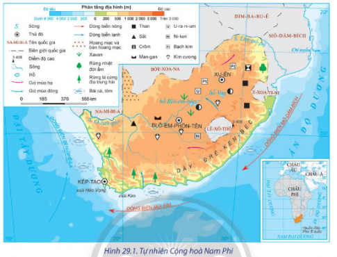 Dựa vào hình 29.1 và thông tin trong bài, hãy:  - Xác định vị trí địa lí Cộng hòa Nam Phi.  - Cho biết đặc điểm vị trí địa lí ảnh hưởng như thế nào đến phát triển kinh tế của Cộng hòa Nam Phi.