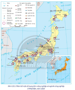 Dựa vào hình 23.2, 23.3 và thông tin trong bài, hãy:  - Trình bày tình hình phát triển ngành công nghiệp của Nhật Bản.  - Nhận xét sự phân bố của các trung tâm công nghiệp và một số ngành công nghiệp ( điện tử- tin học, sản xuất ô tô, hóa chất, hóa dầu, đóng tàu,..)