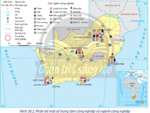 Dựa vào hình 30.2 và thông tin trong bài, hãy:  - Trình bày đặc điểm nổi bật về ngành coonh nghiệp Cộng hòa Nam Phi.  - Xác định các trung tâm công nghiệp chính và các ngành công nghiệp quan trọng của Cộng hòa Nam Phi.