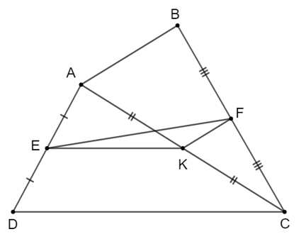 Cho tứ giác ABCD, gọi E, F, K lần lượt là trung điểm của AD, BC, AC. a) Chứng minh EK song song CD (ảnh 1)