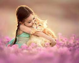 A child hugging a cat in a field of flowers

Description automatically generated