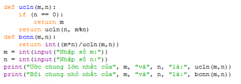 Viết hàm có hai tham số đầu vào là m, n. Đầu ra trả lại hai giá trị là: