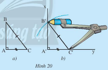 1. Hai tam giác bằng nhau HĐKP1: Dùng kéo cắt một tờ giấy thành hình tam giác ABC. Đặt tam giác ABC lên tờ giấy thứ hai. Vẽ và cắt theo các cạnh của tam giác ABC thành tam giác A'B'C'. Hãy so sánh các cạnh và các góc của hai tam giác ABC và A'B'C'.    Trả lời:  AB = A'B'; AC = A'C'; BC = B'C'  $\widehat{A} = \widehat{A'}$  $\widehat{B} = \widehat{B'}$  $\widehat{C} = \widehat{C'}$  Thực hành 1: Quan sát hình 4. Hai tam giác ABC và MNP có bằng nhau không? Hãy chỉ ra các cặp góc và các cặp cạnh tương ứng bằng