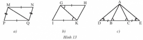 1. Hai tam giác bằng nhau HĐKP1: Dùng kéo cắt một tờ giấy thành hình tam giác ABC. Đặt tam giác ABC lên tờ giấy thứ hai. Vẽ và cắt theo các cạnh của tam giác ABC thành tam giác A'B'C'. Hãy so sánh các cạnh và các góc của hai tam giác ABC và A'B'C'.    Trả lời:  AB = A'B'; AC = A'C'; BC = B'C'  $\widehat{A} = \widehat{A'}$  $\widehat{B} = \widehat{B'}$  $\widehat{C} = \widehat{C'}$  Thực hành 1: Quan sát hình 4. Hai tam giác ABC và MNP có bằng nhau không? Hãy chỉ ra các cặp góc và các cặp cạnh tương ứng bằng