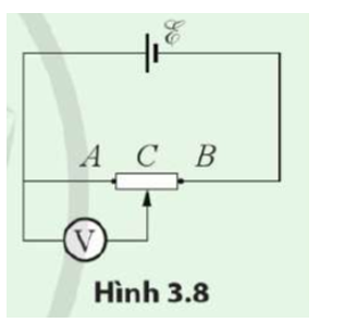 Cho mạch điện như Hình 3.8. Con chạy ở vị trí C, chia điện trở R thành R = RAC + RCB.  Tìm biểu thức liên hệ giữa số chỉ của vôn kế