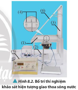 Quan sát thí nghiệm được thực hiện theo bố trí trong Hình 8.2 và nhận xét sóng tạo bởi hai viên bị về: tần số, pha và phương dao động.