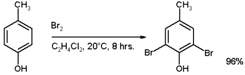 Viết phương trình hoá học của phản ứng xảy ra khi cho 4-methylphenol tác dụng với nước bromine.