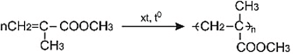 Trùng hợp Metyl metacrylat | metyl metacrylat ra poli metyl metacrylat |  CH2=C(CH3)-COOCH3 ra [-CH2-C(CH3)(COOCH3)-]n