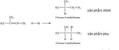 Viết phương trình hoá học và xác định sản phẩm chính trong mỗi phản ứng sau:  a) 2-methylbut-2-ene phản ứng với HBr.  b) 2-methylbut-1-ene phản ứng với nước (xúc tác H2SO4).