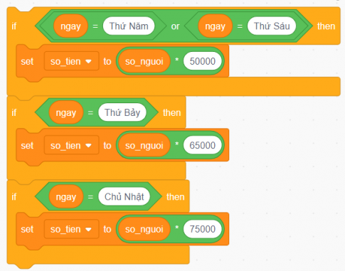 Em hãy sử dụng biểu thức logic viết các câu lệnh rẽ nhánh dạng Thiếu hoặc dạng đủ để tính tiền vé xem phim cho các ngày thứ Năm, thứ Sáu, thứ Bảy và Chủ Nhật.