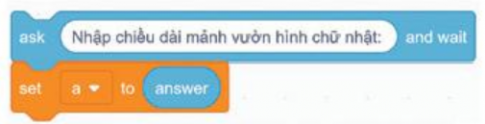 Thảo luận với bạn để mô tả thuật toán tính chu vi mảnh vườn hình chữ nhật có chiều dài a và chiều rộng b được nhập từ bàn phím. Sau đó, sắp xếp các lệnh, khối lệnh dưới đây theo thứ tự đúng để thực hiện thuật toán đó.