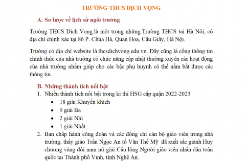 Em hãy tạo một văn bản giới thiệu về trường em. Nội dung văn bản gồm: sơ lược lịch sử ngôi trường, những thành tích nổi bật...