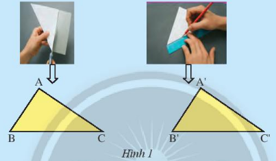 1. Hai tam giác bằng nhau HĐKP1: Dùng kéo cắt một tờ giấy thành hình tam giác ABC. Đặt tam giác ABC lên tờ giấy thứ hai. Vẽ và cắt theo các cạnh của tam giác ABC thành tam giác A'B'C'. Hãy so sánh các cạnh và các góc của hai tam giác ABC và A'B'C'.    Trả lời:  AB = A'B'; AC = A'C'; BC = B'C'  $\widehat{A} = \widehat{A'}$  $\widehat{B} = \widehat{B'}$  $\widehat{C} = \widehat{C'}$  Thực hành 1: Quan sát hình 4. Hai tam giác ABC và MNP có bằng nhau không? Hãy chỉ ra các cặp góc và các cặp cạnh tương ứng bằng