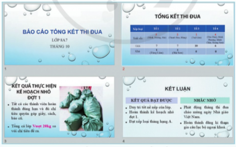 Em hãy tạo một bài trình chiếu để báo cáo tổng kết thi đua trong tháng của lớp em. Yêu cầu cần đạt như sau: 1) Sử dụng một bản mẫu phù hợp...