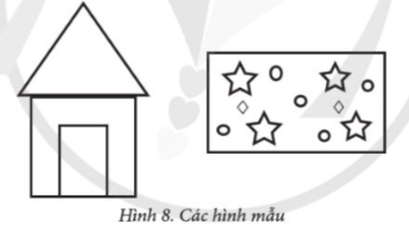 A black and white picture of a house and a rectangular object with stars

Description automatically generated