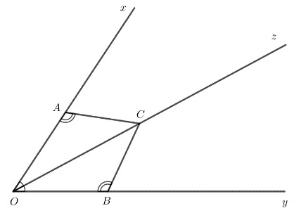 Cho tia Oz là tia phân giác của góc xOy. Lấy các điểm A, B, C lần lượt thuộc