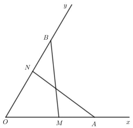 Cho góc xOy. Trên tia Ox lấy hai điểm A, M; trên tia Oy lấy hai điểm B, N