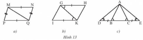 1. Hai tam giác bằng nhau HĐKP1: Dùng kéo cắt một tờ giấy thành hình tam giác ABC. Đặt tam giác ABC lên tờ giấy thứ hai. Vẽ và cắt theo các cạnh của tam giác ABC thành tam giác A'B'C'. Hãy so sánh các cạnh và các góc của hai tam giác ABC và A'B'C'. Trả lời: AB = A'B'; AC = A'C'; BC = B'C' $\widehat{A} = \widehat{A'}$ $\widehat{B} = \widehat{B'}$ $\widehat{C} = \widehat{C'}$ Thực hành 1: Quan sát hình 4. Hai tam giác ABC và MNP có bằng nhau không? Hãy chỉ ra các cặp góc và các cặp cạnh tương ứng bằng