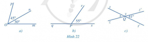 Khởi độngCâu hỏi: Trên mặt đồng hồ ở Hình 1, quan sát hai góc: góc tạo bởi kim giờ và kim phút; góc tạo bởi kim phút và kim giây.Hai góc đó có liên hệ gì đặc biệt?Trả lời rút gọn:Quan sát mặt đồng hồ hình 1 ta thấy: Hai góc được đánh dấu có:Chung đỉnhChung một cạnhKim giờ và kim giây nằm về hai phía của kim phút.I. Hai góc kề nhau Bài 1: Cho đường thẳng xy. Từ một điểm O trên đường thẳng xy, ta vẽ hai tia Oz và Ot như Hình 2.a) Lấy điểm A bất kì trên tia Oz (A khác O), lấy điểm B bất kì trên tia Ot (B khác O), vẽ đoạn thẳng AB.b) Đoạn thẳng AB có cắt đường thẳng xy hay không? Trả lời rút gọn:a) b) Đoạn thẳng AB cắt đường thẳng xyBài 2: Quan sát hai góc xOy và zOy ở Hình 3.a) Nêu đỉnh chung và cạnh chung của hai góc xOy và zOy.b) Vẽ tia đối Oy’ của tia Oy.c) Hai tia Ox và Oz có nằm về hai phía của đường thẳng yy’ hay không? Trả lời rút gọn:a) Đỉnh của góc xOy và zOy cùng là đỉnh O; cạnh chung là cạnh Oyb) Vẽ hình c) Hai tia Ox và Oz nằm về hai phía của đường thẳng yy’Bài 3: Ở Hình 6, hai góc xOy và mOn có phải là hai góc kề nhau hay không? Vì sao?Trả lời rút gọn:Hai góc xOy và mOn không phải là hai góc kề nhau vì không có cạnh nào chung.Bài 4: Ở Hình 9, hai góc mOn và pOn có là hai góc kề nhau hay không? Tính số đo của góc mOp.Trả lời rút gọn:Hai góc mOn và pOn có là hai góc kề nhau vì có đỉnh O chung, cạnh On chung, 2 cạnh còn lại là Om và Op nằm về hai phía so với đường thẳng chứa On.Vì On nằm trong góc mOp nênVậy II. Hai góc bù nhau. Hai góc kề bùBài 1: Tìm tổng số đo của góc 1100 và góc 700Trả lời rút gọn:Tổng số đo của hai góc là: 1100 + 700 = 1800Bài 2: Quan sát hai góc xOt và yOt ở Hình 10, trong đó Ox và Oy là hai tia đối nhau.a) Hai góc xOt và yOt có kề nhau không?b) Tính Trả lời rút gọn:a) Hai góc xOt và yOt là hai góc kề nhau vì có đỉnh O chung, cạnh Ot chung, 2 cạnh còn lại là Ox và Oy nằm về hai phía so với đường thẳng chứa tia Otb) Vì tia Ot nằm trong góc xOy nên: Mà  (góc bẹt) Bài 2: Tính góc xOt trong hình 12Trả lời rút gọn:Ta có: III. Hai góc đối đỉnh Bài 1: Quan sát hai góc xOz và yOt ở Hình 13, trong đó, Ox và Oy là hai tia đối nhau, Oz và Ot cũng là hai tia đối nhau và cho biết:a) Cạnh Ox của góc xOz là tia đối của cạnh nào của góc yOt.b) Cạnh Oz của góc xOz là tia đối của cạnh nào của góc yOt.Trả lời rút gọn:a) Cạnh Ox của góc xOz là tia đối của cạnh Oy của góc yOt.b) Cạnh Oz của góc xOz là tia đối của cạnh Ot của góc yOt.Bài 2: Quan sát Hình 15 và giải thích vì sao:a) Hai góc xOy và yOz là hai góc kề bù;b) Hai góc yOz và zOt là hai góc kề bù;c)  =   và  = Trả lời rút gọn:a) Vì 2 góc có chung gốc O, chung cạnh Oy, 2 cạnh còn lại là Ox và Oz nằm về hai phía đối với đường thẳng chứa tia Oy nên hai góc xOy và yOz là hai góc kề nhau. Hơn nữa, hai góc xOy và yOz có tổng bằng góc xOz =180 độ nên hai góc xOy và yOz là hai góc bù nhau.Vậy hai góc xOy và yOz là hai góc kề bùb) Vì 2 góc có chung gốc O, chung cạnh Oz, 2 cạnh còn lại là Oy và Ot nằm về hai phía đối với đường thẳng chứa tia Oz nên hai góc yOz và zOt là hai góc kề nhau. Hơn nữa, hai góc yOz và zOt có tổng bằng góc xOz =180 độ nên hai góc yOz và zOt là hai góc bù nhau.Vậy hai góc yOz và zOt là hai góc kề bùc) Do Vậy Bài 3: Tìm số đo x trong Hình 17Trả lời rút gọn:Ta có:  (2 góc đối đỉnh) Mà Ta có:  (kề bù) Vậy IV. Bài tập