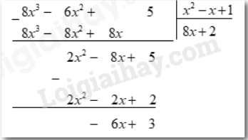 BÀI 5: PHÉP CHIA ĐA THỨC MỘT BIẾNKhởi độngCâu hỏi: Trong quá trình biến đổi và tính toán những biểu thức đại số, nhiều khi ta phải thực hiện phép chia một đa thức (một biến) cho một đa thức (một biến) khác, chẳng hạn ta cần thực hiện phép chia sau: (x3+1):(x2−x+1)Làm thế nào để thực hiện được phép chia hai đa thức một biến?Trả lời rút gọn:Muốn chia đa thức một biến A cho đa thức một biến (B ≠ 0) , trước hết ta phải sắp xếp các đa thức này theo lũy thừa giảm dần của cùng một biến và thực hiện phép chia như phép chia các số tự nhiên. Trong đó R=0 hoặc bậc của R thấp hơn bậc của B. Nếu R = 0 thì phép chia A cho B là phép chia hết.I. Chia đơn thức cho đơn thứcBài 1: Thực hiện phép tính:a) b) c) Trả lời rút gọn:a) b) .c) Bài 2: Tính:Trả lời rút gọn:II. Chia đa thức cho đơn thứcBài 1: Ở Hình 6, diện tích các hình chữ nhật (I), (II) lần lượt là A = ac, B = bc. Biết MN = ca) Tính NP.b) So sánh: (A + B) : c và A : c + B : c. Trả lời rút gọn:a) Độ dài cạnh kề với MN của hình chữ nhật (I) là A: c = ac: c = a.Độ dài cạnh kề với PQ của hình chữ nhật (II) là B: c = bc: c = b.Khi đó NP = a + b.b) Diện tích MNPQ bằng tổng diện tích hai hình chữ nhật (I) và (II) bằng ac + bc.Khi đó độ dài NP là thương trong phép chia diện tích hình chữ nhật MNPQ cho MN.Hay NP = (ac + bc): c = (A + B): c.Mà NP = a + b = A: c + B: c.Do đó (A + B): c = A: c + B: c.Bài 2: Cho đa thức P(x) = 4x2+3x và đơn thức Q(x) = 2xa) Hãy chia từng đơn thức của biến x có trong đa thức P(x) cho đơn thức Q(x)b) Hãy cộng các thương vừa tìm đượcTrả lời rút gọn:a)  Bài 3: Tính: Trả lời rút gọn: = + = III. Chia đa thức một biến đã sắp xếpBài 1: Tính a) (x3 + 1): (x2 - x + 1)b) (8x3 - 6x2 + 5) : (x2 - x + 1)Trả lời rút gọn:a)Vậy (x3 + 1): (x2 - x + 1) = x + 1.b)Vậy 8x3 - 6x2 + 5 = (8x + 2) . (x2 - x + 1) + (-6x + 3).IV. Bài tập