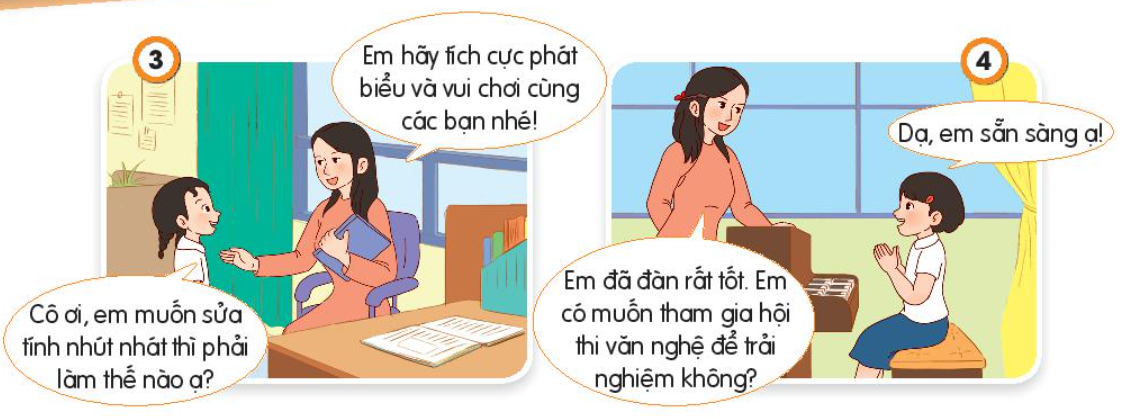 BÀI 9: PHÁT HUY ĐIỂM MẠNH, KHẮC PHỤC ĐIỂM YẾU CỦA BẢN THÂNA. KHỞI ĐỘNGGV tổ chức cho HS làm việc cá nhân, giao nhiệm vụ: Quan sát tranh và kể lại câu chuyện. NỘI DUNG BÀI HỌC GỒM:Quan sát tranh và cho biết bạn nào trong tranh biết phát huy điểm mạnh, khắc phục điểm yếuCác bạn trong tranh đã phát huy điểm mạnh, khắc phục điểm yếu của bản thân bằng cách nàoB. HOẠT ĐỘNG HÌNH THÀNH KIẾN THỨCHoạt động 1: Quan sát tranh và cho biết bạn nào trong tranh biết phát huy điểm mạnh, khắc phục điểm yếuQuan sát tranh và cho biết bạn nào trong tranh biết phát huy điểm mạnh, khắc phục điểm yếu?Nội dung ghi nhớ:+ Tranh 1: bạn biết phát huy điểm mạnh, khắc phục điểm yếu.+ Tranh 2: bạn không biết khắc phục điểm yếu.+ Tranh 3: bạn biết khắc phục điểm yếu.+ Tranh 4: bạn không biết phát huy điểm mạnh. Hoạt động 2: Các bạn trong tranh đã phát huy điểm mạnh, khắc phục điểm yếu của bản thân bằng cách nàoCác bạn trong tranh đã phát huy điểm mạnh, khắc phục điểm yếu của bản thân bằng cách nào?  Nội dung ghi nhớ:+ Tranh 1: Na có điểm yếu là tính hay quên.=> Lập kế hoạch để khắc phục bằng cách ghi lại các công việc trên giấy.+ Tranh 2: Tin có điểm mạnh là viết chữ đẹp, tính kiễn nhẫn.=> Phát huy để chữ đẹp hơn bằng cách thực hành nhiều lần và rèn luyện thêm tính kiên nhẫn.+ Tranh 3: Cốm có điểm yếu là tình nhút nhát.=> Học hỏi từ lời khuyên của cô giáo là tích cực phát biểu và vui chơi cùng các bạn.+ Tranh 4: Bạn nữ trong tranh có điểm mạnh là đánh đàn rất tốt. => Sẵn sàng tham gia hội thi văn nghệ để trải nghiệm nhiều hơn. C. HOẠT ĐỘNG LUYỆN TẬPCâu 1: Em đồng tình với ý kiến nào dưới đây ? A. Em có nhiều điểm  mạnh rồi, không cần cố gắng nữa. B. Nếu em nói cho người khác biết điểm yếu của mình, họ sẽ cười chê. C. Nhận ra điểm mạnh, điểm yếu sẽ giúp em hoàn thiện bản thân. D. Điểm yếu của mỗi người phải giấu đi, không cần sửa chữa.Câu 2: Em không đồng tình với ý kiến nào dưới đây ? A. Em có nhiều điểm mạnh rồi, không cần cố gắng nữa. B. Nếu em nói cho người khác biết điểm yếu của mình, họ sẽ góp ý để em sửa chữa. C. Nhận ra điểm mạnh, điểm yếu sẽ giúp em hoàn thiện bản thân. Câu 3: Tự nhận thức về bản thân là biết đượcA. điểm mạnh của bản mình.B. điểm yếu của bản mình.C. khả năng của mình.D. cả A, B, C.Câu 4: Biết nhìn nhận, đánh giá đúng về bản thân mình (về khả năng, thái độ, hành vi, việc làm, điểm mạnh, điểm yếu…) là nội dung của khái niệm nào dưới đây?A. Tự nhận thức về bản thân.B. Tố chất thông minh.C. Đánh giá bản thân.D. Lòng tự trọng.Câu 5: Tự nhận thức về bản thân sẽ giúp chúng ta nhận ra điểm mạnh của bản thân để phát huy, điểm yếu để khắc phục; biết rõ những mong muốn, những khả năng, khó khăn của bản thân để có thểA. đặt ra mục tiêu, ra quyết định và giải quyết vấn đề phù hợp.B. bình tĩnh, tự tin hơn mọi tình huống xảy ra trong đời sống xã hội.C. nhìn  nhận đúng và ứng phó được với tất cả người xung quanh.D. tìm người phù hợp để giúp đỡ, hỗ trợ mình một cách tốt nhất.Nội dung ghi nhớ:Câu hỏi12345Đáp ánCAAAAD. HOẠT ĐỘNG VẬN DỤNG