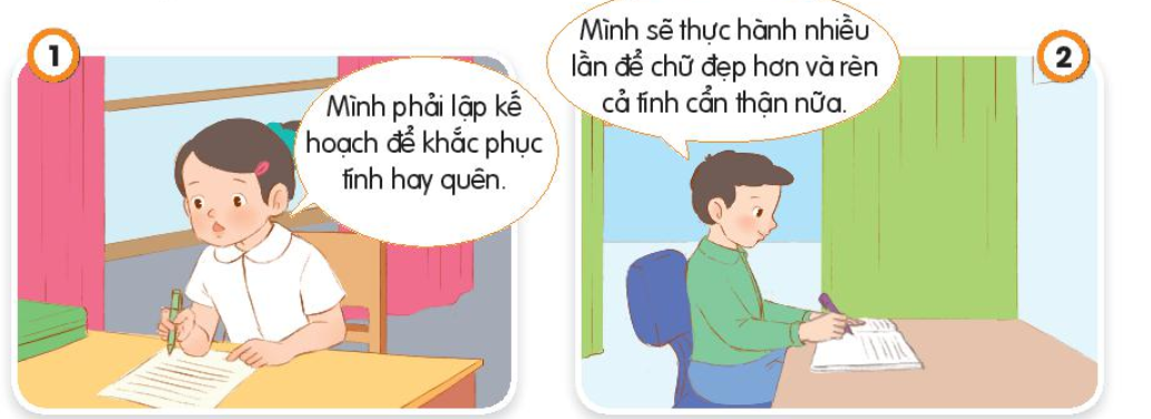 BÀI 9: PHÁT HUY ĐIỂM MẠNH, KHẮC PHỤC ĐIỂM YẾU CỦA BẢN THÂNA. KHỞI ĐỘNGGV tổ chức cho HS làm việc cá nhân, giao nhiệm vụ: Quan sát tranh và kể lại câu chuyện. NỘI DUNG BÀI HỌC GỒM:Quan sát tranh và cho biết bạn nào trong tranh biết phát huy điểm mạnh, khắc phục điểm yếuCác bạn trong tranh đã phát huy điểm mạnh, khắc phục điểm yếu của bản thân bằng cách nàoB. HOẠT ĐỘNG HÌNH THÀNH KIẾN THỨCHoạt động 1: Quan sát tranh và cho biết bạn nào trong tranh biết phát huy điểm mạnh, khắc phục điểm yếuQuan sát tranh và cho biết bạn nào trong tranh biết phát huy điểm mạnh, khắc phục điểm yếu?Nội dung ghi nhớ:+ Tranh 1: bạn biết phát huy điểm mạnh, khắc phục điểm yếu.+ Tranh 2: bạn không biết khắc phục điểm yếu.+ Tranh 3: bạn biết khắc phục điểm yếu.+ Tranh 4: bạn không biết phát huy điểm mạnh. Hoạt động 2: Các bạn trong tranh đã phát huy điểm mạnh, khắc phục điểm yếu của bản thân bằng cách nàoCác bạn trong tranh đã phát huy điểm mạnh, khắc phục điểm yếu của bản thân bằng cách nào?  Nội dung ghi nhớ:+ Tranh 1: Na có điểm yếu là tính hay quên.=> Lập kế hoạch để khắc phục bằng cách ghi lại các công việc trên giấy.+ Tranh 2: Tin có điểm mạnh là viết chữ đẹp, tính kiễn nhẫn.=> Phát huy để chữ đẹp hơn bằng cách thực hành nhiều lần và rèn luyện thêm tính kiên nhẫn.+ Tranh 3: Cốm có điểm yếu là tình nhút nhát.=> Học hỏi từ lời khuyên của cô giáo là tích cực phát biểu và vui chơi cùng các bạn.+ Tranh 4: Bạn nữ trong tranh có điểm mạnh là đánh đàn rất tốt. => Sẵn sàng tham gia hội thi văn nghệ để trải nghiệm nhiều hơn. C. HOẠT ĐỘNG LUYỆN TẬPCâu 1: Em đồng tình với ý kiến nào dưới đây ? A. Em có nhiều điểm  mạnh rồi, không cần cố gắng nữa. B. Nếu em nói cho người khác biết điểm yếu của mình, họ sẽ cười chê. C. Nhận ra điểm mạnh, điểm yếu sẽ giúp em hoàn thiện bản thân. D. Điểm yếu của mỗi người phải giấu đi, không cần sửa chữa.Câu 2: Em không đồng tình với ý kiến nào dưới đây ? A. Em có nhiều điểm mạnh rồi, không cần cố gắng nữa. B. Nếu em nói cho người khác biết điểm yếu của mình, họ sẽ góp ý để em sửa chữa. C. Nhận ra điểm mạnh, điểm yếu sẽ giúp em hoàn thiện bản thân. Câu 3: Tự nhận thức về bản thân là biết đượcA. điểm mạnh của bản mình.B. điểm yếu của bản mình.C. khả năng của mình.D. cả A, B, C.Câu 4: Biết nhìn nhận, đánh giá đúng về bản thân mình (về khả năng, thái độ, hành vi, việc làm, điểm mạnh, điểm yếu…) là nội dung của khái niệm nào dưới đây?A. Tự nhận thức về bản thân.B. Tố chất thông minh.C. Đánh giá bản thân.D. Lòng tự trọng.Câu 5: Tự nhận thức về bản thân sẽ giúp chúng ta nhận ra điểm mạnh của bản thân để phát huy, điểm yếu để khắc phục; biết rõ những mong muốn, những khả năng, khó khăn của bản thân để có thểA. đặt ra mục tiêu, ra quyết định và giải quyết vấn đề phù hợp.B. bình tĩnh, tự tin hơn mọi tình huống xảy ra trong đời sống xã hội.C. nhìn  nhận đúng và ứng phó được với tất cả người xung quanh.D. tìm người phù hợp để giúp đỡ, hỗ trợ mình một cách tốt nhất.Nội dung ghi nhớ:Câu hỏi12345Đáp ánCAAAAD. HOẠT ĐỘNG VẬN DỤNG