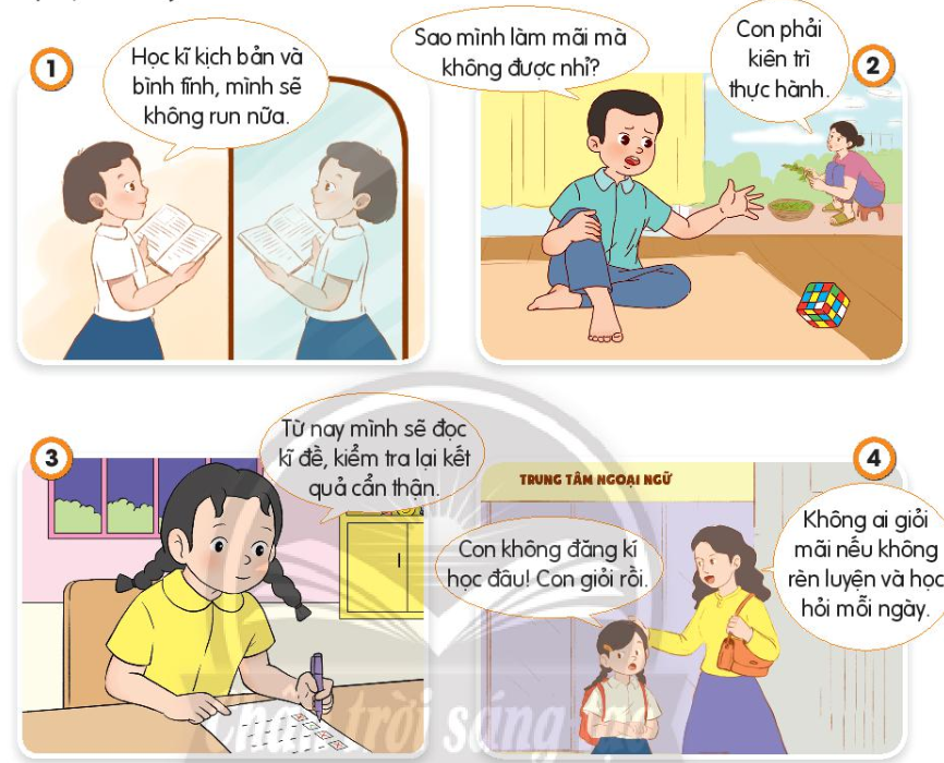 BÀI 9: PHÁT HUY ĐIỂM MẠNH, KHẮC PHỤC ĐIỂM YẾU CỦA BẢN THÂNA. KHỞI ĐỘNGGV tổ chức cho HS làm việc cá nhân, giao nhiệm vụ: Quan sát tranh và kể lại câu chuyện. NỘI DUNG BÀI HỌC GỒM:Quan sát tranh và cho biết bạn nào trong tranh biết phát huy điểm mạnh, khắc phục điểm yếuCác bạn trong tranh đã phát huy điểm mạnh, khắc phục điểm yếu của bản thân bằng cách nàoB. HOẠT ĐỘNG HÌNH THÀNH KIẾN THỨCHoạt động 1: Quan sát tranh và cho biết bạn nào trong tranh biết phát huy điểm mạnh, khắc phục điểm yếuQuan sát tranh và cho biết bạn nào trong tranh biết phát huy điểm mạnh, khắc phục điểm yếu?Nội dung ghi nhớ:+ Tranh 1: bạn biết phát huy điểm mạnh, khắc phục điểm yếu.+ Tranh 2: bạn không biết khắc phục điểm yếu.+ Tranh 3: bạn biết khắc phục điểm yếu.+ Tranh 4: bạn không biết phát huy điểm mạnh. Hoạt động 2: Các bạn trong tranh đã phát huy điểm mạnh, khắc phục điểm yếu của bản thân bằng cách nàoCác bạn trong tranh đã phát huy điểm mạnh, khắc phục điểm yếu của bản thân bằng cách nào?  Nội dung ghi nhớ:+ Tranh 1: Na có điểm yếu là tính hay quên.=> Lập kế hoạch để khắc phục bằng cách ghi lại các công việc trên giấy.+ Tranh 2: Tin có điểm mạnh là viết chữ đẹp, tính kiễn nhẫn.=> Phát huy để chữ đẹp hơn bằng cách thực hành nhiều lần và rèn luyện thêm tính kiên nhẫn.+ Tranh 3: Cốm có điểm yếu là tình nhút nhát.=> Học hỏi từ lời khuyên của cô giáo là tích cực phát biểu và vui chơi cùng các bạn.+ Tranh 4: Bạn nữ trong tranh có điểm mạnh là đánh đàn rất tốt. => Sẵn sàng tham gia hội thi văn nghệ để trải nghiệm nhiều hơn. C. HOẠT ĐỘNG LUYỆN TẬPCâu 1: Em đồng tình với ý kiến nào dưới đây ? A. Em có nhiều điểm  mạnh rồi, không cần cố gắng nữa. B. Nếu em nói cho người khác biết điểm yếu của mình, họ sẽ cười chê. C. Nhận ra điểm mạnh, điểm yếu sẽ giúp em hoàn thiện bản thân. D. Điểm yếu của mỗi người phải giấu đi, không cần sửa chữa.Câu 2: Em không đồng tình với ý kiến nào dưới đây ? A. Em có nhiều điểm mạnh rồi, không cần cố gắng nữa. B. Nếu em nói cho người khác biết điểm yếu của mình, họ sẽ góp ý để em sửa chữa. C. Nhận ra điểm mạnh, điểm yếu sẽ giúp em hoàn thiện bản thân. Câu 3: Tự nhận thức về bản thân là biết đượcA. điểm mạnh của bản mình.B. điểm yếu của bản mình.C. khả năng của mình.D. cả A, B, C.Câu 4: Biết nhìn nhận, đánh giá đúng về bản thân mình (về khả năng, thái độ, hành vi, việc làm, điểm mạnh, điểm yếu…) là nội dung của khái niệm nào dưới đây?A. Tự nhận thức về bản thân.B. Tố chất thông minh.C. Đánh giá bản thân.D. Lòng tự trọng.Câu 5: Tự nhận thức về bản thân sẽ giúp chúng ta nhận ra điểm mạnh của bản thân để phát huy, điểm yếu để khắc phục; biết rõ những mong muốn, những khả năng, khó khăn của bản thân để có thểA. đặt ra mục tiêu, ra quyết định và giải quyết vấn đề phù hợp.B. bình tĩnh, tự tin hơn mọi tình huống xảy ra trong đời sống xã hội.C. nhìn  nhận đúng và ứng phó được với tất cả người xung quanh.D. tìm người phù hợp để giúp đỡ, hỗ trợ mình một cách tốt nhất.Nội dung ghi nhớ:Câu hỏi12345Đáp ánCAAAAD. HOẠT ĐỘNG VẬN DỤNG