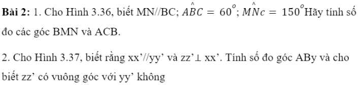 BÀI 10. TIÊN ĐỀ EUCLID, TÍNH CHẤT CỦA HAI ĐƯỜNG THẲNG SONG SONG1. TIÊN ĐỀ EUCLID VỀ ĐƯỜNG THẲNG SONG SONGBài 1: Cho trước đường thẳng a và một điểm M không nằm trên đường thẳng a. (H.3.31).Dùng bút chì vẽ đường thẳng b đi qua M và song song với đường thẳng a.Dùng bút màu vẽ đường thẳng c đi qua M và song song với đường thẳng a.Em có nhận xét gì về vị trí của hai đường thẳng b và c?Đáp án chuẩn: Đường thẳng b và c trùng nhau.Bài 2: Phát biểu nào sau đây diễn đạt đúng nội dung của Tiên đề Euclid?(1) Cho điểm M nằm ngoài đường thẳng a. Đường thẳng đi qua M và song song với a là duy nhất.(2) Có duy nhất một đường thẳng song song với một đường thẳng cho trước.(3) Qua điểm M nằm ngoài đường thẳng a, có ít nhất một đường thẳng song song với a.Đáp án chuẩn: Phát biểu đúng: (1).2. TÍNH CHẤT CỦA HAI ĐƯỜNG THẲNG SONG SONG