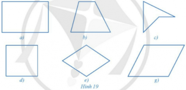 BÀI 2. TỨ GIÁC (1 tiết)I. Tứ giác1. Nhận biết tứ giácHĐ 1. Quan sát tứ giác ABCD ở Hình 13 và đọc tên các cạnh, các đường chéo, các đỉnh, các góc của tứ giác đó. Đáp án chuẩn:- Các cạnh: AB, BC, CD, AD- Các đường chéo: AC, B- Các đỉnh: A, B, C, D- Các góc: ABC, ADC, BCD, BAD2. Nhận biết tứ giác lồi.HĐ 2. Quan sát các hình 14a và b và nêu nhận xét về vị trí của mỗi tứ giác so với đường thẳng chứa một cạnh bất kì của tứ giác đó.Đáp án chuẩn:+ Hình 14a: Tứ giác  nằm về một phía của đường thẳng chứa một cạnh bất kì của tứ giác đó.+ Hình 14b: Tứ giác  không nằm về một phía của đường thẳng chứa cạnh  hoặc cạnh  của tứ giác.II. Tổng các góc của một tứ giác.HĐ 3. Quan sát tứ giác ABCD ở Hình 16, đường chéo AC chia nó thành hai tam giác ABC và ACD.a) Gọi T1, T2, lần lượt là tổng các góc của tam giác ABC và tam giác ACD. Tổng T1+T2 bằng bao nhiêu độ?b) Gọi T là tổng các góc của tứ giác ABCD. So sánh T với T1+T2.Đáp án chuẩn:a) b)  Luyện tập. Tìm x trong hình 18Đáp án chuẩn:x = III. Bài tập