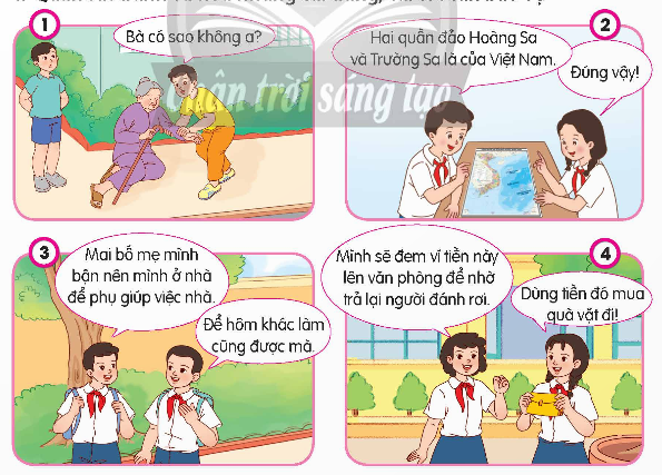 BÀI 6. EM BẢO VỆ CÁI ĐÚNG, CÁI TỐTKHỞI ĐỘNGNghe/hát bài hát Nói lời hay, làm việc tốt (Sáng tác: Mai Trâm) và trả lời câu hỏiTrong bài hát có những việc tốt nào mà học sinh cần thực hiện? Đáp án chuẩn:- Học sinh cần thực hiện:+ Kính trọng thầy cô, trung thực.+ Biết ơn, xin lỗi.+ Học tập tốt, chuyên cần.+ Trả lại đồ rơi.+ Chia sẻ tin tốt.KIẾN TẠO TRI THỨC MỚI1. Quan sát tranh và nêu những cái đúng, cái tốt cần bảo vệKể thêm những cái đúng, cái tốt khác cần bảo vệ. Đáp án chuẩn:a. Những hành động tốt trong tranh:- Tranh 1: Giúp đỡ người già.- Tranh 2: Yêu nước, thể hiện lòng tự hào dân tộc.- Tranh 3: Giúp đỡ cha mẹ.- Tranh 4: Trả lại đồ rơi.b. Một số hành động tốt khác:- Giữ gìn vệ sinh chung.- Yêu thương, quan tâm em nhỏ.2. Đọc câu chuyện “MỘT NHÀ THƠ CHÂN CHÍNH” và trả lời câu hỏi:- Nhà thơ cuối cùng trong câu chuyện đã bảo vệ cái đúng, cái tốt như thế nào? Hành động đó đã mang lại điều gì? - Vì sao chúng ta cần bảo vệ cái đúng, cái tốt? Đáp án chuẩn:- Nhà thơ kiên định:+ Bị thiêu vì không ca ngợi vua bạo ngược.+ Khi bị thiêu, vẫn hát vang bài ca phơi bày sự thật.+ Vua cảm động, ra lệnh dập lửa, ca ngợi nhà thơ.- Lí do cần bảo vệ:+ Xây dựng xã hội tốt đẹp, mọi người tôn trọng nhau.+ Bảo vệ quyền lợi, sự công bằng cho mọi người.+ Giúp bản thân phát triển, trở thành con người tốt đẹp.3. Quan sát tranh và nêu cách bạn trong tranh đã bảo vệ cái đúng, cái tốt. Kể thêm các cách khác để bảo vệ cái đúng, cái tốt. Đáp án chuẩn:a. Cách bảo vệ cái đúng, cái tốt trong tranh:- Tranh 1: Khuyên bạn tự làm bài, không gian lận.- Tranh 2: Luôn đội mũ bảo hiểm khi đi xe máy.- Tranh 3: Trồng lại cây khi bị đổ, dù không phải do mình.- Tranh 4: Xin lỗi khi làm hỏng đồ chơi của bạn.b. Các cách bảo vệ cái đúng, cái tốt khác:- Giúp đỡ người già qua đường, được người khác ủng hộ.- Anh trai khuyên em dọn dẹp bát đũa, anh trai rửa bát.LUYỆN TẬPCâu 1: Nhận xét các ý kiến sau- Ý kiến 1: Học sinh còn nhỏ tuổi nên không thể bảo vệ được cái đúng, cái tốt ở xung quanh ta. - Ý kiến 2: Bảo vệ cái đúng, cái tốt là ủng hộ, bênh vực thái độ, việc làm phù hợp với chuẩn mực đạo đức- Ý kiến 3: Bảo vệ cái đúng, cái tốt sẽ góp phần giúp xã hội thêm an toàn, công bằng và tốt đẹp.- Ý kiến 4: Để không a dua theo cái xấu. chúng ta nên tránh tham gia những việc không liên quan đến mình. - Ý kiến 5: Nhắc nhở bạn thực hiện đầy đủ nội quy trường lớp cũng là bảo vệ cái đúng, cái tốt- Ý kiến 6: Để bảo vệ cái đúng, cái tốt, ta cần tôn trọng và bảo vệ sự thật. Đáp án chuẩn:1. Ý kiến 1: Học sinh nhỏ tuổi cần được giáo dục để hiểu và thực hiện việc bảo vệ cái đúng, cái tốt.2. Ý kiến 2: Đúng. Bảo vệ cái đúng, cái tốt đòi hỏi sự can đảm và tinh thần phản đối những hành vi sai trái. 3. Ý kiến 3: Đúng. Mọi người bảo vệ cái đúng, cái tốt góp phần phát triển và cải thiện xã hội.4. Ý kiến 4: Tham gia hoạt động có ích cho xã hội, tránh xa việc làm xấu.5. Ý kiến 5: Đúng. Tuân thủ nội quy trường lớp là cách bảo vệ cái đúng, cái tốt và duy trì môi trường học tập lành mạnh.6. Ý kiến 6: Đúng. Bảo vệ sự thật đóng vai trò quan trọng trong việc xây dựng xã hội đáng tin cậy và công bằng.Câu 2: Em đồng tình hay không đồng tình với lời nói, việc làm nào sau đây?a. Tình cờ gặp thầy giáo ở nhà sách, Cốm lễ phép khoanh tay chào thầy. Em Cam nhìn thấy cũng khoanh tay chào giống chịb. Thấy Tin cùng anh chị mình thường xuyên tham gia hoạt động thiện nguyện cuối tuần, Cốm phản đối vì cho rằng sẽ mất nhiều thời gian. c. Khi nhân viên quầy bán hàng đưa nhầm tiền thừa cho anh mình, Bin nhìn thấy nhưng không nhắc anh gửi trả lại. d, Thấy bạn định đạp xe vượt đèn đỏ vì đường vắng, Na liền ngăn cản Đáp án chuẩn:a. Đồng tình với Cốm và Cam: Lễ phép, tôn trọng thầy giáo là cách bảo vệ và thể hiện sự đúng đắn trong giao tiếp xã hội.b. Không đồng tình với Cốm: Tham gia thiện nguyện là bảo vệ cái tốt, xây dựng xã hội tốt đẹp. Giúp đỡ người khác là hành động đáng khích lệ.c. Không đồng tình với Bin: Bảo vệ cái tốt đòi hỏi trung thực. Nhắc nhở anh trả tiền thừa là đúng đắn để bảo vệ cái đúng và duy trì lòng trung thực.d. Đồng ý với Na: Ngăn cản bạn vượt đèn đỏ là an toàn, có trách nhiệm. Bảo vệ cái tốt bao gồm tuân thủ luật lệ giao thông để đảm bảo an toàn.Câu 3: Chọn cách ứng xử phù hợp với mỗi trường hợp và giải thích lí doTheo em, còn có thể bảo vệ cái đúng, cái tốt bằng những lời nói, việc làm nào khác trong từng trường hợp trên?Đáp án chuẩn:A, Cách ứng xử phù hợp a – 3                                c - 5                         e - 4b – 1                               d - 2B, Có thể bảo vệ cái đúng cái tốt bằng cách: a – Nên nói chuyện với bạn để giải thích.b, c – Khuyên bạn không nên như thế.d - Chúc mừng và chia sẻ tấm gương tốt.e – Giải thích và khuyên em gái xin lỗi. 4. Xử lí tình huốngTình huống 1: Trên đường đi học về, Cốm bị một nhóm bạn bắt nạt. Thấy Tin chạy đến, nhóm bạn đó cảnh cáo: “Nếu không muốn bị ăn đòn thì không được kể vởi ai!”. Nếu là Tin, em sẽ làm gì? Tình huống 2: Hưng là học sinh siêng năng, có thành tích tốt trong học tập, rèn luyện và hoạt động phong trào. Trong giờ học, Hưng thường hăng hái phát biểu xây dựng bài nhưng một số bạn lại cho rằng Hưng thích thể hiện. Hưng tâm sự với Bin “Mình rất buồn vì các bạn nói mình như thế”. Nếu là Bin, em sẽ làm gì giúp đỡ HưngĐáp án chuẩn:- Tình huống 1: Cốm bị bắt nạt+ Tin:Đứng về phía Cốm: Thể hiện sự ủng hộ, giúp Cốm an tâm và giảm hành vi bắt nạt.Nói chuyện với giáo viên hoặc người trưởng thành: Báo cáo tình trạng bắt nạt để được hỗ trợ giải quyết.Khuyến khích Cốm tìm sự giúp đỡ: Kết nối Cốm với bạn bè, gia đình hoặc người lớn tin cậy.- Tình huống 2: Hưng ngại phát biểu trong lớp+ Bin:Lắng nghe và đồng cảm: Thể hiện sự thấu hiểu và quan tâm, giúp Hưng không đơn độc.Khích lệ Hưng: Động viên và khẳng định giá trị của việc thể hiện ý kiến.Tạo môi trường học tập tích cực: Hình thành nhóm hỗ trợ, khuyến khích mọi người chia sẻ và tôn trọng ý kiến.VẬN DỤNG