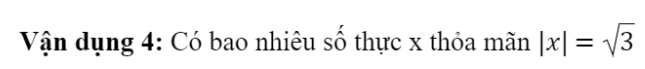 CHƯƠNG 2: SỐ THỰCBÀI 2: SỐ THỰC. GIÁ TRỊ TUYỆT ĐỐI CỦA MỘT SỐ THỰC1. SỐ THỰC VÀ TẬP HỢP CÁC SỐ THỰC Bài 1: Trong các số sau, số nào là số hữu tỉ, số nào là số vô tỉ?Đáp án chuẩn:Thực hành 1: Các khẳng định sau đúng hay sai? Nếu sai, hãy phát biểu lại cho đúng?Đáp án chuẩn:2. THỨ TỰ TRONG TẬP HỢP CÁC SỐ THỰC Bài 1: Hãy so sánh các số thập phân sau đây: 3,14; 3,1415; 3,141515. Đáp án chuẩn:3,14 < 3,1415 < 3,141515.Thực hành 2: So sánh hai số thực:a) 4,(56) và 4,56279b) -3,(65) và -3,6491;c) 0,(21) và 0,2(12) Đáp án chuẩn:a) 4,(56) > 4,56279b) -3,(65) < -3,6491;c) 0,(21) > 0,2(12) Vận dụng 1: Cho một hình vuông có diện tích 5m2. Hãy so sánh độ dài a của cạnh hình vuông đó với độ dài b = 2,361m.Đáp án chuẩn:a < b.3. TRỤC SỐ THỰCBài 3: Quan sát hình vẽ bên và cho biết độ dài của đoạn thẳng OA bằng bao nhiêu? Độ dài OA có là số hữu tỉ hay không?Đáp án chuẩn:Là số vô tỉĐáp án chuẩn:Đáp án chuẩn:4. SỐ ĐỐI CỦA MỘT SỐ THỰCBài 4: Gọi A và A  lần lượt là hai điểm biểu diễn hai số 4,5 và -4,5 trên trục số. So sánh OA và OA'.Đáp án chuẩn:OA=OA’.Đáp án chuẩn:Đáp án chuẩn:5. GIÁ TRỊ TUYỆT ĐỐI CỦA MỘT SỐ THỰCĐáp án chuẩn:Bằng nhauĐáp án chuẩn:Đáp án chuẩn:Có 2 số thực x thỏa mãnBÀI TẬP