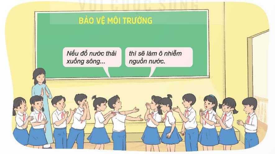 BÀI 5. BẢO VỆ MÔI TRƯỜNG SỐNGKHỞI ĐỘNGEm hãy cùng các bạn nghe/ hát bài “Em yêu cây xanh”. (sáng tác: Hoàng Văn Yến) và trả lời câu hỏi: Vì sao bạn nhỏ trong bài hát lại muốn trồng nhiều cây xanh?Đáp án chuẩn:- Lý do bạn nhỏ muốn trồng nhiều cây xanh:+ Cung cấp tổ cho chim.+ Tạo bóng mát cho sân chơi.+ Trang trí trường học bằng hoa đẹp.+ Có trái cây ngon để ăn.1. TÌM HIỂU CÁC LOẠI MÔI TRƯỜNG SỐNGQuan sát tranh, giải câu đố và trả lời câu hỏiTôi là ai? Tôi là nơi cư trú của con người và các loài sinh vật khác, cung cấp các chất dinh dưỡng nuôi cây phát triểnTôi bao gồm đại dương, sông, suối, hồ, kênh,…có vai trò quan trọng trong việc điều tiết khí hậu, duy trì sự sốngTôi bao gồm oxi, nito, cacbonic,…cung cấp sự sống cho các loài sinh vật trên trái đấtTheo em, có những loại môi trường sống chủ yếu nào trong bức tranh trên?Hãy kể thêm các loại môi trường sống khác mà em biếtĐáp án chuẩn:- Môi trường: ĐấtNướcKhí quyển- Biết thêm môi trường sinh vật. 2. TÌM HIỂU VÌ SAO PHẢI BẢO VỆ MÔI TRƯỜNG SỐNGĐọc thông tin dưới đây và trả lời câu hỏi: Môi trường sống ở nước ta hiện nay đang gặp phải những vấn đề gì? Việc ô nhiễm môi trường gây tác hại gì đối với sức khoẻ con người? Theo em, vì sao chúng ta cần bảo vệ môi trường sống? Đáp án chuẩn:- Vấn đề và tác hại của ô nhiễm môi trường:+ Ô nhiễm không khí: Gây bệnh hô hấp.+ Ô nhiễm tiếng ồn: Gây suy giảm thính lực, mất ngủ, tim mạch.+ Ô nhiễm đất: Gây bệnh đường tiêu hóa, giun sán.- Lý do cần bảo vệ môi trường:+ Duy trì sự sống cho các loài động, thực vật.+ Bảo vệ sức khỏe con người.+ Bảo vệ tài nguyên thiên nhiên.3. TÌM HIỂU NHỮNG VIỆC CẦN LÀM ĐỂ BẢO VỆ MÔI TRƯỜNG SỐNG. Quan sát tranh và thực hiện yêu cầu: - Em hãy kể những việc cần làm để bảo vệ môi trường sống trong các tranh trên. - Hãy kể thêm những việc làm khác để bảo vệ môi trường sống ở nhà, ở trường, ở nơi công cộng mà em biếtĐáp án chuẩn:- Việc bảo vệ môi trường trong các tranh:+ Tranh 1: Trồng cây xanh ở trường học.+ Tranh 2: Báo cáo người đốt lửa trong rừng.+ Tranh 3: Thu gom rác trong trường học.+ Tranh 4: Tuyên truyền bảo vệ môi trường.+ Tranh 5: Không đổ dầu ăn thừa xuống cống.+ Tranh 6: Hạn chế sử dụng túi ni-lông.+ Tranh 7: Tái chế chai nhựa.+ Tranh 8: Dọn dẹp vệ sinh sau thú cưng.- Việc làm khác để bảo vệ môi trường:+ Không xả rác thải bừa bãi.+ Tiết kiệm điện, nước.+ Sử dụng phương tiện công cộng.+ Trồng nhiều cây xanh.LUYỆN TẬPCâu 1: Tham gia chơi trò chơi “Nếu…thì” về chủ đề “Bảo vệ môi trường” Đáp án chuẩn:- Nếu phân loại, tái chế rác đúng, thì có thể giảm rác thải, bảo vệ tài nguyên thiên nhiên.- Nếu trồng cây xanh ở nhà, trường học, nơi công cộng, thì có thể cải thiện chất lượng không khí, tạo không gian xanh.- Nếu lãng phí và không tái chế rác thải thì sẽ gây ô nhiễm môi trường, suy thoái nguồn tài nguyên.Câu 2: Em hãy cùng các bạn trong nhóm tìm hiểu và giải thích tác dụng của những việc làm dưới đâya. Trồng và chăm sóc cây xanhb. Phân loại rác thải trước khi xử líc. Giữ trật tự nơi công cộngd. Tuyên truyền bảo vệ môi trườnge. Sử dụng túi vải, một số loại lá, giấy,…để gói, đựng sản phẩm thay cho túi ni-lông. Đáp án chuẩn:a. Trồng cây xanh:- Làm môi trường xanh mát, thoáng đãng.- Lấy CO2, trả lại O2 cho không khí.- Bảo vệ đất, ngăn ngừa lũ lụt.b. Phân loại rác thải:- Tái chế, sử dụng vật liệu có thể.- Phân biệt rác hữu cơ và rác tái chế.c. Giữ trật tự nơi công cộng:- Sống trong môi trường sạch, an toàn, đẹp.- Giữ sạch công viên, trường học, nơi công cộng.d. Tuyên truyền bảo vệ môi trường:- Chia sẻ thông tin về môi trường.- Nâng cao ý thức bảo vệ môi trường.e. Hạn chế sử dụng túi ni-lông:- Sử dụng túi vải, lá, giấy.- Giảm rác thải, bảo vệ môi trường.Câu 3: Em đồng tình hay không đồng tình với những việc làm dưới đây? Vì sao? a. Một số người dân trong thôn thường đốt rơm rạ sau khi thu hoạchb. Bạn Kim báo bác tổ trưởng dân phố khi thấy có gia đình trong khu phố vửt rác không đúng nơi quy định c. Lâm đề nghị một người đàn ông không hút thuốc lá trên xa buýt. d. Bạn Tư thường nhóm bếp than ở ngoài đường để tránh ô nhiễm trong nhàe. Sau khi phun thuốc trừ sâu, bố bạn Mỉ thường vứt luôn vỏ chai ra vường. Bạn An thường xem phim, đọc sách về việc bảo vệ môi trườngh. Giang thả cả túi ni-lông đựng cá xuống sông vào ngày 23 tháng Chạp- Nếu người thân hoặc bạn bè của em làm những việc gây tổn hại đến môi trường như một số việc làm không đúng ở trên, em sẽ khuyên họ điều gì? Đáp án chuẩn:a. Không đồng tình. Đốt rơm rạ gây ô nhiễm môi trường.b. Đồng tình. Báo cáo giúp vệ sinh và môi trường sạch sẽ, tuân thủ quy định vứt rác.c. Đồng tình. Hút thuốc gây khó chịu cho người khác, ảnh hưởng sức khỏe, môi trường.d. Không đồng tình. Sử dụng bếp than gây ô nhiễm không khí.e. Không đồng tình. Vứt rác thải bừa bãi gây ô nhiễm môi trường.g. Đồng tình. Tìm hiểu, nâng cao kiến thức là quan trọng => nhận thức và hành động tích cực.h. Không đồng tình. Thả túi ni-lông xuống sông gây hại cho môi trường.- Lời khuyên: + Chia sẻ tác hại của hành động đó.+ Giới thiệu phương pháp thay thế bảo vệ môi trường.+ Mời tham gia hoạt động bảo vệ môi trường.+ Làm gương bằng hành động của bản thân.Câu 4: Em hãy chỉ ra những việc nên làm và không nên làm để bảo vệ các loại môi trường sống Môi trường sốngViệc nên làmViệc không nên làmMôi trường ở nhà  Môi trường ở trường   Môi trường ở nơi công cộng   Đáp án chuẩn:Môi trường sốngViệc nên làmViệc không nên làmMôi trường ở nhà- Tiết kiệm năng lượng: Tắt đèn khi không dùng, dùng bóng đèn LED.- Tái chế và tái sử dụng: Tái chế giấy, nhựa, kim loại, tái dùng sản phẩm gia đình.- Tiết kiệm nước: Đóng vòi khi không dùng, sửa chữa rò rỉ nước.- Trồng cây: Trồng cây trong nhà, xung quanh nhà để tạo bóng mát, lọc khí, tạo môi trường tự nhiên.- Lãng phí năng lượng: Bật thiết bị điện không cần thiết, quên tắt đèn.- Vứt rác bừa bãi: Không phân loại rác, vứt rác không đúng nơi quy định.- Sử dụng hóa chất độc hại: gây ô nhiễm môi trường và sức khỏe.Môi trường ở trường- Tiết kiệm: Sử dụng sách vở tái chế, tiết kiệm nước.- Tái chế: Phân loại rác thải, tái chế vật liệu.- Lãng phí giấy: Vứt giấy, sách không cần thiết.- Sử dụng đồ dùng 1 lần: Dùng ống hút, nồi nhựa 1 lần.Môi trường ở nơi công cộng - Giảm thiểu khí thải: Sử dụng phương tiện giao thông công cộng.- Hạn chế rác thải nhựa: Sử dụng túi vải thay vì túi ni-lông.- Vứt rác bừa bãi: Vứt rác đúng nơi quy định, không vứt rác bừa bãi.- Hút thuốc lá nơi công cộng: Không hút thuốc ở nơi cấm, gây ô nhiễm môi trường.Câu 5: Xử lí tình huống:a. Lớp của Dung và Hiền đi dã ngoại. Cuối buổi chiều, sau khi ăn nhẹ, Hiền, vứt luôn vỏ kẹo xuống đất và đồ nước ngọt còn thừa xuống hồ. Thấy vậy, Dung nhắc nhở: “Bạn làm thế là gây ô nhiễm môi trường đấy!” Hiền liền bảo: “Một chút nước ngọt thì làm sao mà ô nhiễm hồ nước, còn vỏ kẹo thì sẽ có cô lao công thu dọn, tớ thấy nhiều người vẫn làm thế”. Em có nhận xét gì về ý kiến của Hiền? Nếu là Dung, em sẽ nói gì với Hiền? b. Sau khi quét đường làng xong, Kiên đề nghị các bạn trong xóm gom hết số rác đã quét dọn được thành một đống để đốt cho nhanh, đỡ mất công mang đến khu vực tập kết rác. Việc đốt rác ở đường làng mang lại hậu quả gì? Nếu là bạn của Kiên, em sẽ làm gì? c. Chú của Mẩy cho rằng: “Từ thời ông bà, cha mẹ sinh sống trên vùng đất này đã nuôi lợn, trâu thả rông xung quanh nhà. Mình chỉ làm theo phong tục thôi, mà hầu như nhà nào cũng vậy nên quen rồi, có thấy ô nhiễm môi trường đâu”. Theo em, việc nuôi lợn, trâu thả rông quanh nhà gây ô nhiễm môi trường sống như thế nào? Nếu là Mẩy, em sẽ nói gì với chú? d. Giờ ra chơi, Sáng rủ Mai bẻ những chiếc lá bàng to trong sân trường để quạt cho mát vì cho rằng bẻ vài chiếc lá sẽ không ảnh hưởng gì. Nếu là Mai, em sẽ nói gì với Sánge, Tối thứ Bảy, bạn Phong mở loa rất to để hát karaoke. Khi bác hàng xóm phàn nàn rằng tiếng ồn làm bác mệt mỏi thì bạn trả lời: “Chắc bác mệt vì ốm thôi, chứ sao có thể mệt mỏi vì nghe âm thanh to được ạ!”Em có nhận xét gì về việc làm của Phong? Nếu là Phong, em sẽ làm gì? Đáp án chuẩn:a. Hiền sai lầm khi nghĩ rác nhỏ không gây ô nhiễm. Vứt rác bừa bãi, dù là ít, vẫn ảnh hưởng môi trường, sinh vật và nguồn nước. Chúng ta cần giữ gìn môi trường bằng cách không vứt rác bừa bãi.b. Đốt rác thải gây ô nhiễm môi trường và sức khỏe. Nên tái chế, phân loại và xử lý rác hợp lý để bảo vệ môi trường.c. Nuôi lợn, trâu thả rông gây ô nhiễm nguồn nước, mùi hôi và ảnh hưởng cảnh quan. Nên tìm cách nuôi bền vững hơn.d. Bẻ lá cây làm tổn thương cây và giảm khả năng tạo oxy. Cần trân trọng và bảo vệ cây cối.e. Hành động gây ồn ào của Phong ảnh hưởng đến hàng xóm. Nên giảm âm lượng, sử dụng tai nghe hoặc di chuyển hoạt động karaoke.VẬN DỤNG