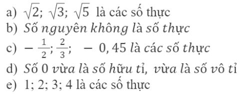 CHƯƠNG 2: SỐ THỰCBÀI 2: SỐ THỰC. GIÁ TRỊ TUYỆT ĐỐI CỦA MỘT SỐ THỰC1. SỐ THỰC VÀ TẬP HỢP CÁC SỐ THỰC Bài 1: Trong các số sau, số nào là số hữu tỉ, số nào là số vô tỉ?Đáp án chuẩn:Thực hành 1: Các khẳng định sau đúng hay sai? Nếu sai, hãy phát biểu lại cho đúng?Đáp án chuẩn:2. THỨ TỰ TRONG TẬP HỢP CÁC SỐ THỰC Bài 1: Hãy so sánh các số thập phân sau đây: 3,14; 3,1415; 3,141515. Đáp án chuẩn:3,14 < 3,1415 < 3,141515.Thực hành 2: So sánh hai số thực:a) 4,(56) và 4,56279b) -3,(65) và -3,6491;c) 0,(21) và 0,2(12) Đáp án chuẩn:a) 4,(56) > 4,56279b) -3,(65) < -3,6491;c) 0,(21) > 0,2(12) Vận dụng 1: Cho một hình vuông có diện tích 5m2. Hãy so sánh độ dài a của cạnh hình vuông đó với độ dài b = 2,361m.Đáp án chuẩn:a < b.3. TRỤC SỐ THỰCBài 3: Quan sát hình vẽ bên và cho biết độ dài của đoạn thẳng OA bằng bao nhiêu? Độ dài OA có là số hữu tỉ hay không?Đáp án chuẩn:Là số vô tỉĐáp án chuẩn:Đáp án chuẩn:4. SỐ ĐỐI CỦA MỘT SỐ THỰCBài 4: Gọi A và A  lần lượt là hai điểm biểu diễn hai số 4,5 và -4,5 trên trục số. So sánh OA và OA'.Đáp án chuẩn:OA=OA’.Đáp án chuẩn:Đáp án chuẩn:5. GIÁ TRỊ TUYỆT ĐỐI CỦA MỘT SỐ THỰCĐáp án chuẩn:Bằng nhauĐáp án chuẩn:Đáp án chuẩn:Có 2 số thực x thỏa mãnBÀI TẬP