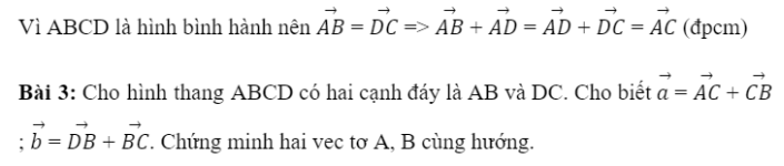 BÀI 2. TỔNG VÀ HIỆU CỦA HAI VECTOKHỞI ĐỘNGĐáp án chuẩn:1. TỔNG CỦA HAI VECTƠĐáp án chuẩn:Đáp án chuẩn:Đáp án chuẩn:Đáp án chuẩn:Bài 5: Một máy bay có vectơ vận tốc chỉ theo hương bắc, vận tốc gió là một vectơ theo hướng đông như Hình 7. Tính độ dài vectơ tổng của hai vectơ nói trên.Đáp án chuẩn:Đáp án chuẩn:2. TÍNH CHẤT CỦA PHÉP CỘNG CÁC VECTƠĐáp án chuẩn:Nhận xét: Các kết quả bằng nhauBài 2: Cho hình vuông ABCD có cạnh bằng 1. Tính độ dài của các vectơ sau:Đáp án chuẩn:3. HIỆU CỦA HAI VECTƠĐáp án chuẩn:Bài 2: Cho hình vuông ABCD có cạnh bằng 1 và một điểm O tùy ý. Tính độ dài của các vectơ sau:Đáp án chuẩn:4. TÍNH CHẤT VECTƠ CỦA TRUNG ĐIỂM ĐOẠN THẰNG VÀ TRỌNG TÂM TAM GIÁCBài 1:  Đáp án chuẩn:Đáp án chuẩn:a. M là trọng tâm của tam giác ABDb. N là trọng tâm của tam giác BCDc. P là trung điểm của MNBÀI TẬP CUỐI SGK