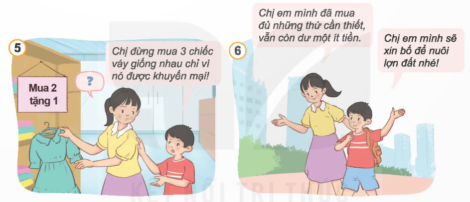 BÀI 8. SỬ DỤNG TIỀN HỢP LÝKHỞI ĐỘNGHãy chia sẻ với các bạn về việc em đã sử dụng tiền tiết kiệm của mình như thế nào. Đáp án chuẩn:Sử dụng tiền tiết kiệm: Mua đồ dùng học tập, quà sinh nhật cho người thân, bạn bè.1. KHÁM PHÁ CÁC BIỂU HIỆN CỦA VIỆC SỬ DỤNG TIỀN HỢP LÍQuan sát tranh và thực hiện yêu cầu: Nêu biểu hiện sử dụng tiền hợp lí của hai chị em trong các bức tranh trênKể thêm các biểu hiện khác của việc sử dụng tiền hợp líĐáp án chuẩn:- Biểu hiện: + Tranh 1: Bố cho tiền mua đồ dùng mới.+ Tranh 2: Lên kế hoạch mua sắm.+ Tranh 3: So sánh giá cả, chọn nơi có chương trình khuyến mãi.+ Tranh 4: Ưu tiên mua đồ cần thiết.+ Tranh 5: Khuyên không nên mua 3 váy vì khuyến mãi.+ Tranh 6: Dư tiền, mua lợn tiết kiệm. - Một số biểu hiện khác: + Không mua đồ khi ở nhà còn nhiều.+ Mua thứ cần thiết. + Không tiêu vào mục đích vô bổ.2. KHÁM PHÁ Ý NGHĨA VÀ CÁCH SỬ DỤNG TIỀN HỢP LÍĐọc thông tin “Cô bé bán chè bưởi” và trả lời câu hỏi: Bạn Bống đã sử dụng tiền như thế nào? Em có nhận xét gì về cách sử dụng tiền của bạn? Việc sử dụng tiền hợp lí có tác dụng như thế nàoTheo em, vì sao chúng ta phải sử dụng tiền hợp lí. Đáp án chuẩn:- Bạn Bống đã sử dụng tiền theo cách: + Chia tiền lãi thành 10 phần:5 phần cho kinh doanh chè bưởi.1 phần gửi tiết kiệm.1 phần mua xe đạp điện.1 phần cho giáo dục.1 phần cho bản thân.1 phần làm từ thiện, cho gia đình.=> Em thấy cách này hợp lý vì:- Chia đều cho các mục tiêu.- Tránh tiêu lãng phí.- Việc sử dụng tiền hợp lí có tác dụng: + Có thu nhập, tiết kiệm, đáp ứng nhu cầu bản thân.+ Giúp đỡ gia đình và người khó khăn.- Lợi ích sử dụng tiền hợp lí: + Đáp ứng nhu cầu thiết yếu.+ Tiết kiệm cho tương lai.+ Tránh lãng phí.+ Rèn thói quen quản lý tài chính tốt.+ Đảm bảo an toàn.LUYỆN TẬPCâu 1: Em đồng tình hay không đồng tình với ý kiến của bạn nào? Vì sao?a. Thuý cho rằng, mình mới là học sinh lớp 5, vì vậy việc bàn tới chuyện sử dụng tiền hợp lí là chưa cần thiếtb. Theo Bình, sử dụng tiền hợp lí là giúp mỗi người tiết kiệm tiền và có sẵn tiền để sử dụng khi cần thiếtc. Nga cho rằng, sử dụng tiền hợp lí là tôn trọng công sức của bố mẹ và người lao động d. Minh cho rằng, sử dụng tiền hợp lí giúp ta có tiền để giúp đỡ những người gặp khó khăn trong cuộc sống. e. Theo Yến, nếu giàu có thì cứ tiêu thoải mái, không cần phải tính toán, cân nhắcg. Lập cho rằng, nếu biết sử dụng tiền hợp lí, ta sẽ có tiền để chủ động thực hiện ước mơ của mình Đáp án chuẩn:a. Không đồng tình. Học sinh lớp 5 nên học cách sử dụng tiền hợp lý để xây dựng thói quen tốt và quản lý tài chính tốt hơn trong tương lai.b. Đồng tình. Dùng tiền hợp lý giúp tiết kiệm, hạn chế lãng phí, đáp ứng nhu cầu cần thiết.c. Đồng tình. Tôn trọng công sức lao động, tránh lãng phí,d. Đồng tình. Giúp đỡ người khó khăn, thể hiện lòng nhân ái.e. Không đồng tình. Người giàu cũng cần sử dụng tiền hợp lý để tránh lãng phí, bảo vệ và gia tăng tài sản.g. Đồng tình. Chủ động thực hiện ước mơ, mục tiêu, tạo tự do, độc lập.Câu 2: Phân loại nhóm những hành vi nên làm và không nên làm để sử dụng tiền hợp lía. Mua những thứ mình thíchb. Chỉ mua những thứ mình thực sự cầnc. Mua đồ vừa đủ dùngd. Mua hàng còn trong hạn sử dụnge. Lựa chọn món hàng có giá cả hợp lí.g. Lên kế hoạch trước khi mua sắmh. Mua thật nhiều đồ ăn giảm giá để tích trữi. Mua đồ phù hợp với điều kiện tài chính của bản thânĐáp án chuẩn:- Nên: b, c, d, e, g, i- Không nên: a, hCâu 3: Em hãy nhận xét về việc sử dụng tiền của các bạn trong những trường hợp dưới đây. a. Sau Tết nguyên đán, bạn Phụng đã dùng hết số tiền mừng tuổi để mua kem mời các bạn. Bạn Toàn bỏ hết số tiền đó vào lợn đất. Bạn Vân đưa số tiền đó nhờ mẹ mua thêm gà về nuôi để cuối năm bán lấy tiền mua sách vở, quần áo. Bạn Thảo lại chia số tiền đó làm nhiều phần: 50% nuôi lợn đất, 30% mua đồ dùng học tập, 10% mua quà tặng sinh nhật bố, 10% giúp đỡ một bạn trong lớp gặp khó khăn. b. Cả nhóm rủ nhau đi mua quà sinh nhật tặng Liên. Cô bán hàng nói, phải mất thêm 10 000 đồng để gói quà. Hằng nói với các bạn: “Nhà tớ cũng có giấy gói và hộp đựng quà rất đẹp. Tiện đường, chúng mình mang qua nhà tớ gói, tiết kiệm được 10000 đồng”. Triều gạt đi: “Thôi, tưởng tiết kiệm được nhiều chứ 10000 đồng thì bõ bèn gì”. Quang bảo “10000 đồng thì cũng quý, nhưng theo tớ thì không cần phải gói đâu, cứ tặng thế này cũng được”.Đáp án chuẩn:a. Nhận xét:- Phụng: Mua quà cho bạn bè (cần tiết chế).- Toàn: Tiết kiệm (cần linh hoạt).- Vân: Đầu tư cho tương lai (khôn ngoan).- Thảo: Sử dụng hợp lý, biết giúp đỡ người khác (tốt).b. Nhận xét:- Đề xuất của Hằng hợp lí: tiết kiệm, quà đẹp, ý nghĩa.- Tránh: Lãng phí như Triều, quà không gói như Quang.Câu 4: Em sẽ làm gì nếu ở trong những tình huống dưới đây? a. Do có thành tích cao trong hội thi văn nghệ nên bố mẹ thưởng cho em một ít tiền. Một số bạn gợi ý em dùng hết số tiền đó để chiêu đãi các bạnb. Món đồ mà em yêu thích được giảm giá. Nhưng nếu mua nó, em phải dùng hết số tiền mà em đang cóc. Em đã tiết kiệm được một khoản tiền đủ để mua chiếc xe đạp mà mình hằng mơ ước. Chị của em lại khuyên nên nhờ bố gửi số tiền đó vào ngân hàng để lấy lãid. Em rất thích một bộ sách khoa học nhưng chưa đủ tiền. Bạn em hứa sẽ cho em vay tiền để mua. Đáp án chuẩn:a. Sử dụng tiền hợp lý:- Cân nhắc gợi ý của bạn bè.- Dùng tiền cho nhu cầu thiết yếu hoặc tiết kiệm.b. Mua sắm thông minh:- Xem xét tình hình tài chính.- Tiết kiệm hoặc đợi đủ tiền.c. Tiết kiệm và đầu tư:- Nhờ bố gửi tiền vào ngân hàng (có thể xem xét).- Cân nhắc mục tiêu và tính linh hoạt.d. Vay tiền:- Xem xét khả năng trả nợ và điều khoản.- Vay nếu có khả năng trả và mang lại giá trị.- Nhớ trách nhiệm và quản lý cẩn thận.Câu 5: Em sẽ khuyên bạn điều gìa. Na nhịn ăn sáng để lấy tiền mua món đồ mình yêu thíchb. Nam dùng hết tiền tiết kiệm để mua một con robotc. Mặc dù có tiền nhưng Dung không dám dùng tiền để mua bất kì thứ gì mình thíchd. Tuy hoàn cảnh khó khăn nhưng Thanh vẫn đòi mẹ mua cho một chiếc máy tính bỏ túi mặc dù máy tính cũ vẫn dùng đượcĐáp án chuẩn:a. Na:- Không nhịn ăn sáng, hại sức khỏe.- Tiết kiệm khác hoặc đợi đủ tiền.b. Nam: Cân nhắc kỹ trước khi mua đồ chơi không cần thiết.c. Dung:- Mua thứ thích nhưng đảm bảo: Cần thiết, chi tiêu hợp lý, không ảnh hưởng tài chính.d. Thanh:- Hiểu hoàn cảnh gia đình, chia sẻ với mẹ.- Thương lượng, mẹ có thể chưa đủ khả năng mua.- Tìm cách sử dụng máy tính cũ, mua mới khi có điều kiện.VẬN DỤNG