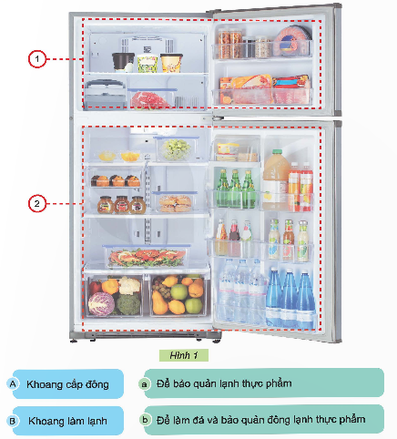 BÀI 6. SỬ DỤNG TỦ LẠNH1. TÁC DỤNG CỦA TỦ LẠNHKhám phá: Em hãy đọc thông tin dưới đây và cho biết tác dụng của tủ lạnhĐáp án chuẩn:Tác dụng: Bảo quản thực phẩm lâu hơn, chống hỏng hóc.2. VỊ TRÍ, VAI TRÒ CÁC KHOANG TRONG TỦ LẠNHKhám phá: Ghép thẻ mô tả tên khoang và thẻ mô tả vai trò của khoang với vị trí các khoang tương ứng của tủ lạnh trong Hình 1 theo gợi ý dưới đâyĐáp án chuẩn:A – b B - a3. SẮP XẾP, BẢO QUẢN THỰC PHẨM TRONG TỦ LẠNHKhám phá: Sắp xếp thực phẩm có trong Hình 2 vào các khoang, ngăn của tủ lạnh ở Hình 1 cho phù hợpĐáp án chuẩn:Cấp đông: a, dLàm lạnh: b, c, e, gLuyện tập: Em hãy quan sát Hình 3 và cho biết: Những hình ảnh nào thể hiện việc sắp xếp, bảo quản tủ lạnh không đúng cách? Đáp án chuẩn:Không đúng cách: a, d4. MỘT SỐ BIỂU HIỆN BẤT THƯỜNG CỦA TỦ LẠNH KHI SỬ DỤNG