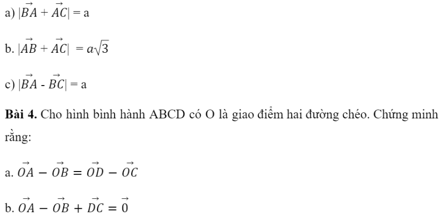 BÀI 2. TỔNG VÀ HIỆU CỦA HAI VECTOKHỞI ĐỘNGĐáp án chuẩn:1. TỔNG CỦA HAI VECTƠĐáp án chuẩn:Đáp án chuẩn:Đáp án chuẩn:Đáp án chuẩn:Bài 5: Một máy bay có vectơ vận tốc chỉ theo hương bắc, vận tốc gió là một vectơ theo hướng đông như Hình 7. Tính độ dài vectơ tổng của hai vectơ nói trên.Đáp án chuẩn:Đáp án chuẩn:2. TÍNH CHẤT CỦA PHÉP CỘNG CÁC VECTƠĐáp án chuẩn:Nhận xét: Các kết quả bằng nhauBài 2: Cho hình vuông ABCD có cạnh bằng 1. Tính độ dài của các vectơ sau:Đáp án chuẩn:3. HIỆU CỦA HAI VECTƠĐáp án chuẩn:Bài 2: Cho hình vuông ABCD có cạnh bằng 1 và một điểm O tùy ý. Tính độ dài của các vectơ sau:Đáp án chuẩn:4. TÍNH CHẤT VECTƠ CỦA TRUNG ĐIỂM ĐOẠN THẰNG VÀ TRỌNG TÂM TAM GIÁCBài 1:  Đáp án chuẩn:Đáp án chuẩn:a. M là trọng tâm của tam giác ABDb. N là trọng tâm của tam giác BCDc. P là trung điểm của MNBÀI TẬP CUỐI SGK