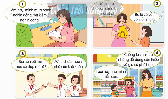 BÀI 12. EM SỬ DỤNG TIỀN HỢP LÝKHỞI ĐỘNGChia sẻ với bạn về việc ưu tiên mua đồ dùng mình cần hay mình thích. Giải thích lí do vì saoĐáp án chuẩn:- Ưu tiên mua đồ dùng cần thiết vì:+ Đảm bảo đủ đồ dùng cần thiết.+ Tránh lãng phí tiền cho đồ không cần.+ Chi tiêu hợp lý, tiết kiệm.KIẾN TẠO TRI THỨC MỚI1. Quan sát tranh và nêu biểu hiện của việc sử dụng tiền hợp lý- Nêu thêm các biểu hiện của việc sử dụng tiền hợp lýĐáp án chuẩn:a, Biểu hiện của việc sử dụng tiền hợp lí: - Tranh 1: Lên kế hoạch chi tiêu, tiết kiệm.- Tranh 2: Mua đồ khi cần thiết, sử dụng đồ cũ nếu có thể.- Tranh 3: Mua đồ phù hợp kinh tế.- Tranh 4: Chỉ mua đồ dùng thiếu, giá phù hợp.b, Một số biểu hiện khác của việc dùng tiền hợp lí: - Tiết kiệm tiền mua sách vở, dụng cụ học tập.- Mua sắm đồ dùng cần thiết, giá cả hợp lý.- Tìm kiếm sách cũ, tài liệu miễn phí.- Quản lý tiền bằng cách theo dõi chi tiêu, lập kế hoạch.2. Đọc câu chuyện “NIỀM VUI TIẾT KIỆM” và trả lời câu hỏi:- Em nhận xét như thế nào về cách chi tiêu của Xô-crat- Xô-crat tiết kiệm tiền nhằm mục đích gì- Theo em, vì sao chúng ta phải sử dụng tiền hợp lí? Đáp án chuẩn:- Cách chi tiêu của Xô-crat: Hợp lý: đặt mục tiêu và dùng tiền để hoàn thành mục tiêu (xây dựng trường học).- Lý do Xô-crat tiết kiệm: Giúp đỡ mọi người, vì sự tiến bộ xã hội.- Lý do sử dụng tiền hợp lý:+ Đáp ứng nhu cầu cần thiết: thực phẩm, quần áo, sách vở, dụng cụ học tập.+ Tiết kiệm và đầu tư: cho tương lai.+ Tránh lãng phí: mua sắm thông minh, không mua đồ không cần thiết.+ Xây dựng thói quen thông minh: quản lý tài chính tốt từ nhỏ.+ Đảm bảo an toàn: tránh rủi ro, lừa đảo, mất tiền.3. Quan sát tranh và thực hiện yêu cầu- Nếu là thành viên của nhóm, em sẽ trả lời câu hỏi của Cốm và Bin như thế nào? - Nêu thêm các cách sử dụng tiền hợp líĐáp án chuẩn:a, Trả lời câu hỏi của Cốm và Bin: - Túi chi tiêu: 60% (nhu cầu thiết yếu).- Túi tiết kiệm: 25% (tương lai).- Túi chia sẻ: 15% (quà tặng, từ thiện).b, Các cách sử dụng tiền hợp lí khác: - Mua sắm thông minh, ưu tiên đồ cần thiết.- Tránh mua đồ chơi, ăn uống vô bổ.- Tiết kiệm tiền cho tương lai.LUYỆN TẬPCâu 1: Em đồng tình hay không đồng tình với việc làm nào sau đây? Vì sao? a, Gia đình của Bin đang gặp khó khăn về kinh tế những bạn lại xin mẹ mua đồ chơi đắt tiềnb. Na hạn chế ăn quà vặt, bạn chỉ mua những thứ thực sự cần thiết và có ích cho sức khoẻ. c. Cốm muốn mua một cây bút đắt tiền giống như Tin khi đi nhà sách cùng chịĐáp án chuẩn:a. Không đồng tình. Gia đình gặp khó khăn, cần tiết kiệm => nên tập trung vào nhu cầu thiết yếu và hỗ trợ gia đình.b. Đồng tình. Hạn chế ăn quà vặt =>Tiết kiệm tiền, đảm bảo sức khỏe tốt hơn.c. Không đồng tình. Không nên mua đồ chỉ vì muốn giống người khác => Mua đồ phù hợp với khả năng tài chính, tránh gây áp lực cho gia đình.Câu 2: Nhận xét các ý kiến sau- Ý kiến 1: Chỉ những người có hoàn cảnh khó khăn mới cần sử dụng tiền hợp lí- Ý kiến 2: Sử dụng tiền hợp lí vì tiền là do công sức lao động vất vả làm ra. - Ý kiến 3: Sử dụng tiền hợp lí là cách góp phần giúp kinh tế đất nước phát triển- Ý kiến 4; Sử dụng tiền hợp lí vì đây là hành động thể hiện yêu thương, trân trọng công sức lao động của người thân trong gia đình Đáp án chuẩn:- Ý kiến 1: Không đúng. Sử dụng tiền hợp lý => Tiết kiệm, đầu tư, tạo cơ hội phát triển tài chính.- Ý kiến 2: Đúng. Tiền là kết quả của sự nỗ lực và hy sinh => cách trân trọng công sức lao động.- Ý kiến 3: Đúng. Tiết kiệm, đầu tư, tạo nguồn lực tài chính cho các lĩnh vực quan trọng => Góp phần phát triển kinh tế đất nước.- Ý kiến 4: Đúng. Bảo vệ tài sản gia đình, tạo điều kiện cho sự phát triển và hạnh phúc của gia đình => Thể hiện tình yêu thương và trách nhiệm với gia đình.Câu 3: Xử lí tình huống:Tình huống 1: Bố mẹ cho Bin 100 000 đồng để đi tham quan cùng lớp. Chuyến đi bắt đầu từ 7 giờ sáng đến 5 giờ chiều nhưng mới đến 11 giờ trưa, Bin đã tiêu hết tiền. Bin không nhớ mình đã tiêu thế nào mà hết nhanh như vậy- Em có đồng tình với cách sử dụng tiền của Bin không? Vì sao? - Nếu là Bin, em sẽ chi tiêu như thế nào cho hợp lí? Tình huống 2: Mẹ bảo Cốm nên đưa số tiền để dành để mẹ giúp mở sổ tiết kiệm ở ngân hàng. Cốm phân vân với ý kiến của mẹNếu em là Cốm, em sẽ làm gì? Tình huống 3: Tin được mẹ cho tiền để mua đồ dùng học tập nhưng Tin lại dùng tiền đó để mua đồ chơiNếu là Tin, em sẽ sử dụng như thế nào? Vì saoTình huống 4: Tiền lì xì vào dịp tết và tiền để dành, Na bỏ hết vào ống tiết kiệm. Vào năm học mới, Na đem số tiền này mua dụng cụ học tập. Em họ của Na sang chơi và xin bộ dụng cụ học tập cũ nhưng Na từ chối: “ Không được! Bộ mới chị dùng, còn bộ này chị cất để dành” - Việc làm của Na hợp lí và chưa hợp lí chỗ nào? Vì sao? - Em sẽ khuyên Na điều gì? Đáp án chuẩn:- Tình huống 1 (Bin):+ Sai: Tiêu xài hoang phí, không quản lý tài chính.+ Nên: Lập kế hoạch chi tiêu, ưu tiên chi tiêu hợp lý.- Tình huống 2 (Cốm):+ Nên: Mở sổ tiết kiệm để tiết kiệm và tạo quỹ dự phòng.- Tình huống 3 (Tin):+ Nên: Dùng tiền mua đồ dùng học tập theo yêu cầu của mẹ.+ Tránh: Mua đồ chơi lãng phí tiền.- Tình huống 4 (Na):+ Sai: Mua sắm lãng phí, không tận dụng đồ cũ.+ Nên: Dùng bộ cũ, cất bộ mới hoặc chia sẻ cho em gái.VẬN DỤNG