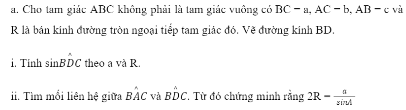 BÀI 2. ĐỊNH LÝ COSIN VÀ ĐỊNH LÝ SINKHỞI ĐỘNG Làm thế nào để tính độ dài cạnh chưa biết của hai tam giác dưới đây?Đáp án chuẩn:1. ĐỊNH LÍ CÔSIN TRONG TAM GIÁCBài 1: a. Cho tam giác ABC không phải là tam giác vuông với góc A  nhọn và CB . Vẽ đường cao CD và đặt tên các độ dài như trong Hình 1.Đáp án chuẩn:Bài 2: Tính các cạnh và các góc chưa biết của tam giác ABC trong Hình 4. Đáp án chuẩn:BC  16,834; B  70°45’; C  47°15’Bài 3: Tính khoảng cách giữa hai điểm ở hai đầu của một hồ nước. Biết từ một điểm cách hai đầu hồ lần lượt là 800 m và 900 m người quan sát nhìn hai điểm này dưới một góc 70° (Hình 5).Đáp án chuẩn:978,5147m.2. ĐỊNH LÍ SIN TRONG TAM GIÁCBài 1: Đáp án chuẩn:a.b) Bài 2: Tính các cạnh và các góc chưa biết của tam giác MNP trong Hình 8.Đáp án chuẩn:P = 34°; MN = NP = 22; MP  ≈ 36,5Bài 3: Trong một khu bảo tồn, người ta xây dựng một tháp canh và hai bồn chứa nước A, B để phòng hỏa hoạn. Từ tháp canh, người ta phát hiện đám cháy và số liệu đưa về như hình 9. Nên dẫn nước từ bồn chứa A hay B để dập tắt đám cháy nhanh hơn?Đáp án chuẩn:Nên dẫn nước từ bồn chứa A 3. CÁC CÔNG THỨC TÍNH DIỆN TÍCH TAM GIÁCBài 1: Cho tam giác như Hình 10.a. Viết công thức tính diện tích S của tam giác ABC theo a và hab. Tính ha theo b và sinC.Đáp án chuẩn:Bài 2: Cho tam giác ABC có BC = a, AC = b, AB = c và (1; r) là đường tròn nội tiếp tam giác (Hình 11).Đáp án chuẩn:Bài 3: Tính diện tích tam giác ABC và bán kính đường tròn ngoại tiếp tam giác ABC trong các trường hợp sau:a. Các cạnh b = 14, c = 35 và A=60° b. Cách cạnh a = 4, b = 5, c = 3.Đáp án chuẩn:Bài 4: Tính diện tích một cánh buồm hình tam giác. Biết cánh buồm đó có chiều dài cạnh là 3,2m và hai góc kề cạnh đó có số đo là 48° và 105° (Hình 12)Đáp án chuẩn:S = 8,08 (m2)BÀI TẬP CUỐI SGK