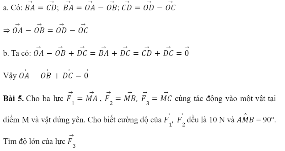 BÀI 2. TỔNG VÀ HIỆU CỦA HAI VECTOKHỞI ĐỘNGĐáp án chuẩn:1. TỔNG CỦA HAI VECTƠĐáp án chuẩn:Đáp án chuẩn:Đáp án chuẩn:Đáp án chuẩn:Bài 5: Một máy bay có vectơ vận tốc chỉ theo hương bắc, vận tốc gió là một vectơ theo hướng đông như Hình 7. Tính độ dài vectơ tổng của hai vectơ nói trên.Đáp án chuẩn:Đáp án chuẩn:2. TÍNH CHẤT CỦA PHÉP CỘNG CÁC VECTƠĐáp án chuẩn:Nhận xét: Các kết quả bằng nhauBài 2: Cho hình vuông ABCD có cạnh bằng 1. Tính độ dài của các vectơ sau:Đáp án chuẩn:3. HIỆU CỦA HAI VECTƠĐáp án chuẩn:Bài 2: Cho hình vuông ABCD có cạnh bằng 1 và một điểm O tùy ý. Tính độ dài của các vectơ sau:Đáp án chuẩn:4. TÍNH CHẤT VECTƠ CỦA TRUNG ĐIỂM ĐOẠN THẰNG VÀ TRỌNG TÂM TAM GIÁCBài 1:  Đáp án chuẩn:Đáp án chuẩn:a. M là trọng tâm của tam giác ABDb. N là trọng tâm của tam giác BCDc. P là trung điểm của MNBÀI TẬP CUỐI SGK