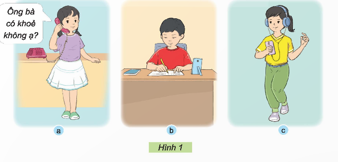 BÀI 5. SỬ DỤNG ĐIỆN THOẠI1. TÁC DỤNG CỦA ĐIỆN THOẠIKhám phá: Quan sát Hình 1 và cho biết tác dụng của điện thoạiĐáp án chuẩn:Tác dụng điện thoại: a, Nghe gọi, nói chuyện b, Học tập: học online, xem videoc, Nghe nhạc2. MỘT SỐ BỘ PHẬN CƠ BẢN CỦA ĐIỆN THOẠIKhám phá: Em hãy gọi tên một số bộ phận cơ bản trên điện thoại cố định và điện thoại di động ở Hình 3Đáp án chuẩn:a,Tai nghe điện thoạiBàn phímb,Tai nghe thoạiMàn hìnhNút tăng, giảm âm lượngCameraNút nguồnLoaChân sạc3. THỰC HIỆN CUỘC GỌIa, Biểu tượng thể hiện trạng thái, chức năng hoạt động của điện thoạiKhám phá: Em hãy lựa chọn mô tả ở cột B sao cho phù hợp với biểu tượng, trạng thái điện thoại ở cột AĐáp án chuẩn:Luyện tập: Quan sát Hình 4 và cho biết trường hợp nào có thể thực hiện được cuộc gọi điện thoại bình thườngĐáp án chuẩn: - TH c gọi được vì có sóng và wifi mạnh, đủ pin, không ở chế độ máy bay.- TH khác không gọi được: + a: sóng, wifi yếu.+ b: chế độ máy bay. b, Các bước thực hiện cuộc gọiKhám phá: Sắp xếp thứ tự các hình minh hoạ trong Hình 5 để thể hiện các bước thực hiện một cuộc gọi bằng điện thoạiĐáp án chuẩn:Sắp xếp: a-c-d-bTrong đó: a: Mở phần thực hiện cuộc gọic: Bấm số điện thoạid: Thực hiện cuộc gọib: Kết thúc cuộc gọic, Số điện thoại cần nhớKhám phá: Tại sao cần phải ghi nhớ số điện thoại của người thân trong gia đình? Hãy liệt kê những số điện thoại của người thân trong gia đình mà em nhớTrong những trường hợp nào, em cần gọi tới các số điện thoại khẩn cấp dưới đây? Đáp án chuẩn:- Ghi nhớ số điện thoại khẩn cấp:+ Gia đình: Để liên lạc khi đi lạc hoặc gặp khó khăn.+ Học sinh: Tự ghi nhớ số của bố mẹ.- Số điện thoại khẩn cấp:+ 111: Bạo hành, xâm hại trẻ em.+ 112: Cứu nạn, cứu hộ (bão lũ, tai nạn...).+ 113: An ninh trật tự (cướp giật, tai nạn giao thông...).+ 114: Cứu hỏa.+ 115: Cấp cứu y tế.4. LƯU Ý KHI SỬ DỤNG ĐIỆN THOẠIa, Sử dụng điện thoại an toàn, tiết kiệm