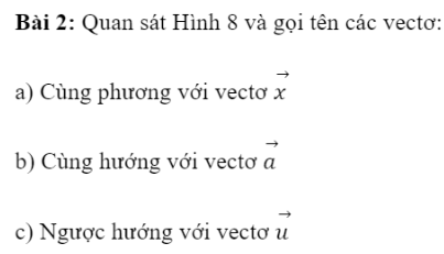 BÀI 1. KHÁI NIỆM VECTO1. ĐỊNH NGHĨA VECTƠBài 1: Trong thông báo: Có một con tàu chở 500 tấn hàng từ cảng A đến cảng B cách nhau 500 km.Bạn hãy tìm sự khác biệt giữa hai đại lượng sau:Khối lượng của hàng: 500 tấn.Độ dịch chuyển của tàu: 500 km từ A đến B.Đáp án chuẩn:Khối lượng là đại lượng chỉ có độ lớn ; độ dịch chuyển là đại lượng bao gồm cả độ lớn và hướng Đáp án chuẩn:Đáp án chuẩn:2. HAI VECTƠ CÙNG PHƯƠNG, CÙNG HƯỚNGĐáp án chuẩn:Đáp án chuẩn:Đáp án chuẩn:Sai. Vì đề bài không nêu rõ ba điểm phân biệt A, B, C thẳng hàng theo thứ tự nào, nên nếu A nằm giữa B và C thì hai vectơ AB và AC ngược hướng.3. VECTƠ BẰNG NHAU -  VECTƠ ĐỐI NHAUBài 1: Cho hình bình hành ABCD (Hình 10), hãy so sánh độ dài và hướng của hai vectơ:Đáp án chuẩn:a) Cùng hướng và có độ dài bằng nhau.b) Ngược hướng và có độ dài bằng nhau.Bài 2: Cho D, E, F lần lượt là trung điểm của các cạnh BC, CA và AB của tam giác ABC (Hình 14).Đáp án chuẩn:4. VECTƠ-KHÔNGĐáp án chuẩn:BÀI TẬP CUỐI SGK