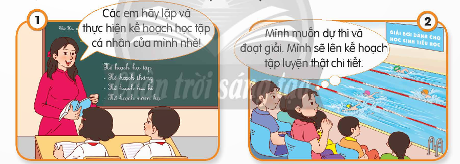 BÀI 9. EM LẬP KẾ HOẠCH CÁ NHÂNKHỞI ĐỘNGChia sẻ về ước mơ của em và cách em thực hiện ước mơ đóĐáp án chuẩn:- Ước mơ: Nhà môi trường học, bảo vệ môi trường.- Kế hoạch thực hiện:+ Mục tiêu cụ thể: Tham gia hoạt động môi trường, học hỏi kiến thức, giảm rác thải, sử dụng năng lượng tái tạo,...+ Kế hoạch hàng ngày: Tiết kiệm năng lượng, phân loại rác, sử dụng sản phẩm tái chế, lan tỏa thông điệp bảo vệ môi trường.+ Hành động: Tắt đèn, dùng bình nước tái sử dụng, dùng gói hàng tái chế, học hỏi vấn đề môi trường mới, tham gia hoạt động tình nguyện.+ Đánh giá và điều chỉnh: Theo dõi tiến trình, điều chỉnh kế hoạch để hiện thực hóa ước mơ.KIẾN TẠO TRI THỨC MỚI1. Quan sát tranh và nêu các loại kế hoạch cá nhân - Kể thêm những loại kế hoạch cá nhân khácĐáp án chuẩn:- Các loại: + Tranh 1: học tập+ Tranh 2: tập luyện (thể thao)+ Tranh 3: tiết kiệm tiền+ Tranh 4: tổ chức buổi tiệc- Kế hoạch khác: đi du lịch, thực hiện ước mơ, làm việc nhà, …2. Đọc câu chuyện “BÁC TẬP CHO CHÚNG TÔI CÓ KẾ HOẠCH LAO ĐỘNG” và trả lời câu hỏi:- Trong câu chuyện trên, Bác thường nhắc nhở anh chị phục vụ và cán bộ điều gì? - Lời nhắc nhở thường xuyên của Bác có tác dụng gì? - Theo em, vì sao phải lập và thực hiện kế hoạch cá nhân? Đáp án chuẩn:- Bác dạy:+ Cán bộ, phục vụ cần có trật tự, kế hoạch làm việc cụ thể.+ Làm việc đúng giờ, không lãng phí thời gian.- Lợi ích lập kế hoạch: Rèn luyện thói quen sắp xếp công việc, tránh tuỳ tiện, nhàn rỗi.- Lý do:+ Tổ chức thời gian, hoàn thành công việc hiệu quả.+ Có sự tổ chức trong học tập, sinh hoạt.+ Xác định, ưu tiên công việc, phân chia thời gian hợp lý.+ Tránh bỏ sót, đảm bảo hoàn thành nhiệm vụ.3. Đọc đoạn hội thoại và trả lời câu hỏi: - Từ ý kiến của các bạn, việc lập kế hoạch cá nhân cần thực hiện theo các bước nào?- Khi lập kế hoạch cá nhân, em cần lưu ý điều gì? Đáp án chuẩn:- Các bước lập kế hoạch cá nhân:+ Xác định mục tiêu và thời hạn hoàn thành.+ Liệt kê công việc và sắp xếp ưu tiên.+ Xác định biện pháp cho từng việc, có thể tìm kiếm sự hỗ trợ.+ Đánh giá, điều chỉnh kế hoạch và dự phòng.- Lưu ý:+ Kế hoạch linh hoạt, có thể điều chỉnh.+ Tránh cứng nhắc.LUYỆN TẬPCâu 1: Nhận xét các ý kiến sau- Ý kiến 1: Làm việc theo kế hoạch giúp tiết kiệm thời gian, công sức và tiền bạc của bản thân- Ý kiến 2: Với học sinh, chỉ có việc học tập mới cần lập kế hoạch - Ý kiến 3: Đôi khi phải biết thay đổi kế hoạch để phù hợp với hoàn cảnh đột xuất- Ý kiến 4: Làm việc theo kế hoạch là cứng nhắc và mất đi tính sáng tạo- Ý kiến 5: Kế hoạch cá nhân có thể chia làm các loại: kế hoạch ngắn hạn, kế hoạch trung hạn và kế hoạch dài hạn. - Ý kiến 6: Việc thực hiện kế hoạch cá nhân cũng cần sự hỗ trợ của người lớn.Đáp án chuẩn:- Ý kiến 1: Đúng, lập kế hoạch giúp tổ chức thời gian, công sức, tài chính hiệu quả, tiết kiệm năng lượng, tài nguyên.- Ý kiến 2: Sai, lập kế hoạch áp dụng cho mọi khía cạnh cuộc sống, giúp học sinh tổ chức thời gian, phân chia công việc, đạt mục tiêu cá nhân.- Ý kiến 3: Đúng, hoàn cảnh đột xuất có thể yêu cầu thay đổi kế hoạch, cần linh hoạt thích ứng để đảm bảo hiệu quả.- Ý kiến 4: Sai, làm việc theo kế hoạch không đồng nghĩa mất đi tính sáng tạo, kế hoạch chỉ định hướng, cung cấp khuôn khổ cho hoạt động, sáng tạo vẫn có thể tồn tại.- Ý kiến 5: Đúng, kế hoạch cá nhân có thể chia thành ngắn hạn (vài ngày/tuần), trung hạn (vài tháng/năm), dài hạn (vài năm trở lên), giúp có cái nhìn tổng quan, kiểm soát tiến trình.- Ý kiến 6: Đúng, người lớn (gia đình, thầy cô, người điều hành) có thể hỗ trợ thực hiện kế hoạch cá nhân bằng cách cung cấp hướng dẫn, khuyến khích, hỗ trợ cần thiết để đạt mục tiêu.Câu 2: Em đồng tình hay không đồng tình với việc làm nào của các bạn sau đây? Vì sao? a. Cứ chờ đến lúc gần kiểm tra định kì thì Bin mới lập kế hoạch ôn tập. b. Khi lập kế hoạch, Tin đã xác định các mục tiêu quá sức của mình để có động lực phấn đấu tốt hơnc. Sau khi lập kế hoạch, Cốm chờ đến khi có hứng thú mới thực hiệnd. Trong bản kế hoạch của Tin, việc nào thích làm thì được ưu tiên hơn. e. Khi không thực hiện được kế hoạch, Na xem lại nguyên nhân và tìm cách khắc phục. Đáp án chuẩn:a. Không đồng tình. Không nên chờ sát deadline mới ôn tập: Gây áp lực, thiếu thời gian chuẩn bị. Nên lập kế hoạch ôn tập sớm để: Phân chia công việc hiệu quả, học tập có tổ chức.b. Đồng tình. Đặt mục tiêu cao: Có động lực phấn đấu, vượt qua giới hạn. Lưu ý: tránh áp lực, căng thẳng.c. Không đồng tình. Không chờ hứng thú mới thực hiện kế hoạch: Hứng thú thay đổi, không ổn định. Rèn luyện tự điều khiển, thực hiện kế hoạch dù không thích.d. Không đồng tình. Ưu tiên việc cần làm, không chỉ thích: Việc cần làm và thích làm không luôn trùng khớp. Lập kế hoạch dựa trên mức độ quan trọng, ưu tiên, không chỉ sở thích.e. Đồng tình. Xem xét nguyên nhân, tìm cách khắc phục khi không thực hiện kế hoạch: Hiểu rõ rào cản, khó khăn. Tìm giải pháp, điều chỉnh kế hoạch phù hợp, khả thi hơn.Câu 3: Sắp xếp các nội dung sau theo trình tự các bước lập kế hoạch cá nhân: a. Liệt kê các việc cần thực hiện. b. Sắp xếp thứ tự ưu tiên cho các việcc. Xác định mục tiêud. Đề ra các biện pháp cụ thểe. Xác định thời gian hoàn thành. g. Đánh giá và điều chỉnh kế hoạchĐáp án chuẩn:c – a – b – d – e – g Câu 4: Xử lí tình huốngTình huống 1: Na luôn xây dựng kế hoạch cá nhân hằng tuần chi tiết và nghiêm túc thực hiện. Khi kiểm tra và phát hiện mình chưa thực hiện đúng kế hoạch đã đề ra, Na tìm cách điều chỉnh sao cho hợp lí. Thế nhưng, em gái Na luôn làm việc không theo kế hoạch. Na góp ý thì em Na nói: “Việc khó mới cần kế hoạch, còn việc hằng ngày không cần”. Nếu là Na, em sẽ giải thích như thế nào để em gái thấy được lợi ích của việc lập và thực hiện kế hoạch cá nhân? Tình huống 2: Cốm, Na, Bin và Tin cùng nhau lập kế hoạch tập luyện tiết mục văn nghệ chào mừng ngày Nhà giáo Việt Nam. Ban đầu, cả nhóm tập rất chăm chỉ nhưng sau một tuần, Bin tỏ ra chán nản, thường xuyên đi muộn trong các buổi tập khiến kế hoạch của nhóm có nguy cơ không thực hiện được. Nếu là thành viên của nhóm, em sẽ làm gì? Tình huống 3: Chiều thứ Bảy được nghỉ học, Bin sang nhà Tin để rủ Tin đi đá bóng. Sang đến nơi, thấy Tin đang đọc sách, Bin trêu: “Cậu muốn trở thành mọt sách à? Học cả tuần rồim thứ Bảy phải nghỉ ngơi, thư gian chứ?”. Tin ôn tồn bảo: “Trong kế hoạch của mình, chiều nay là giờ tự học, học xong mình mới đi chơi”. Bin cố gắng thuyết phục bạn đi đá bóng nhưng Tin vẫn kiên quyết từ chối. Cuối cùng, Bin giận dỗi bỏ về. Nếu là Bin, em sẽ làm gì?Đáp án chuẩn:- Tình huống 1:+ Na nên chia sẻ lợi ích lập kế hoạch:Tổ chức công việc hiệu quả.Biết rõ mục tiêu, thời hạn.Phát triển kỹ năng quản lý thời gian.- Tình huống 2:+ Hỗ trợ Bin khi chán nản:Lắng nghe, thấu hiểu vấn đề.Nhắc nhở mục tiêu chung.Đề xuất giải pháp, động viên.Khuyến khích tiếp tục tham gia.- Tình huống 3:+ Tôn trọng quyết định của Tin:Lắng nghe, thấu hiểu lý do.Thảo luận tìm giải pháp chung.VẬN DỤNG